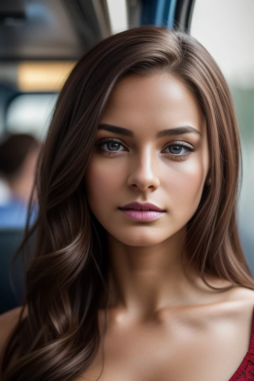 1 very realistic mature woman, 20 years old, very small age, wavy hair , demure, in a train , dark chestnut brown -haired, elegant, penetrating and intense eyes PARA QUEM OLHA A FOTOGRAFIA, 8k, quality impressive, high resolution, award-winning photography, portrait, (mature woman, , (founded in nova york), light skin, dramatic light, sharp focus, good aesthetic, high definition , highly detailed, neutral cores: 1.2), (HDR: 1.4), hyper detailed, cinemactic, hot lights, canon, Canon EOS 5D Mark IV, 8k, Ultra HD, DSLR. 1 woman