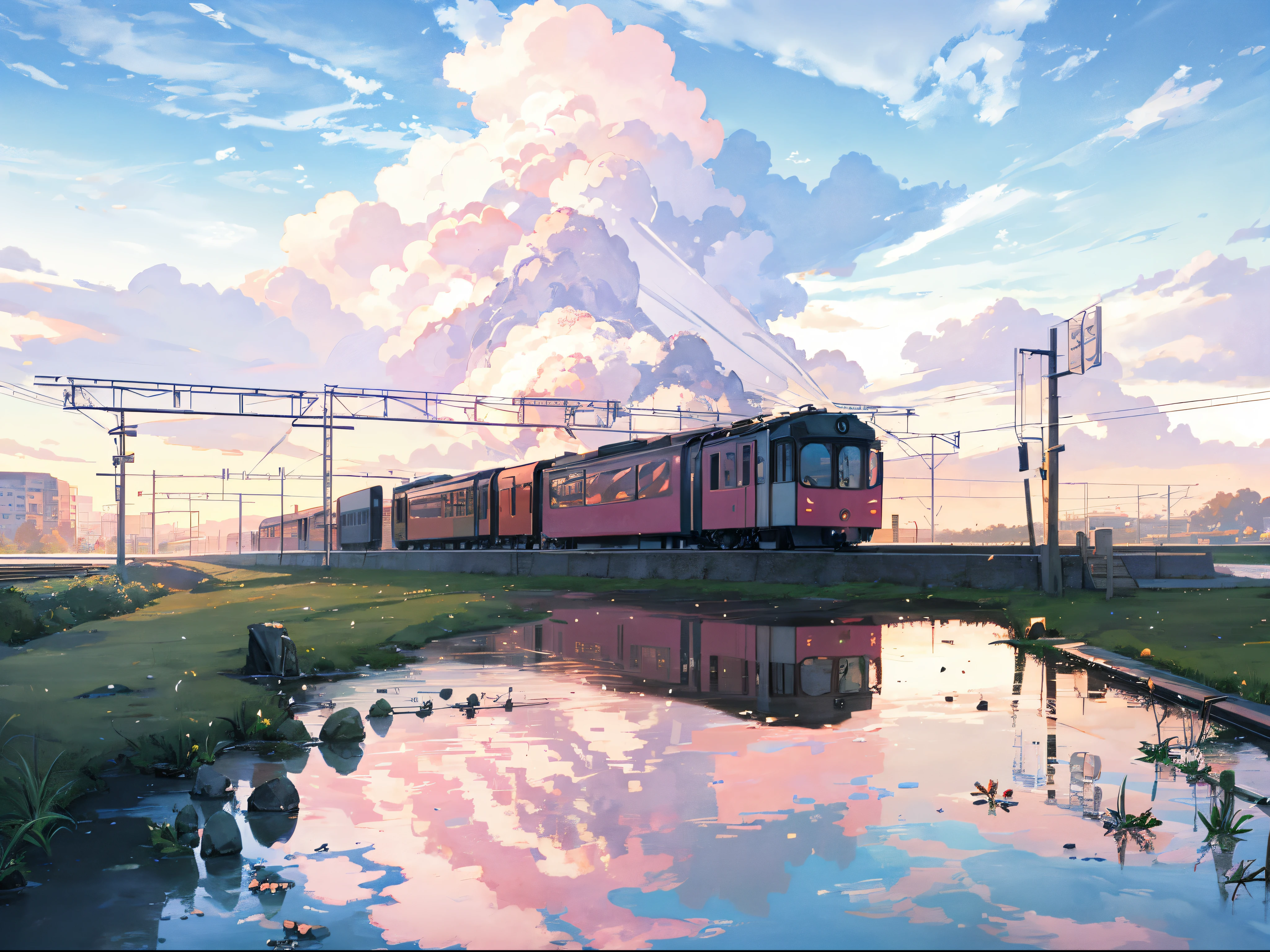 Masterpiece, anime train on tracks through a body of water, pink train. Romantic Train, Makoto Shinkai's picture, pixiv, concept art, lofi art style, reflection. by makoto shinkai, lofi art, beautiful anime scenes, anime scenery, detailed scenery—width 672, in style of makoto shinkai, style of makoto shinkai, details enhanced.