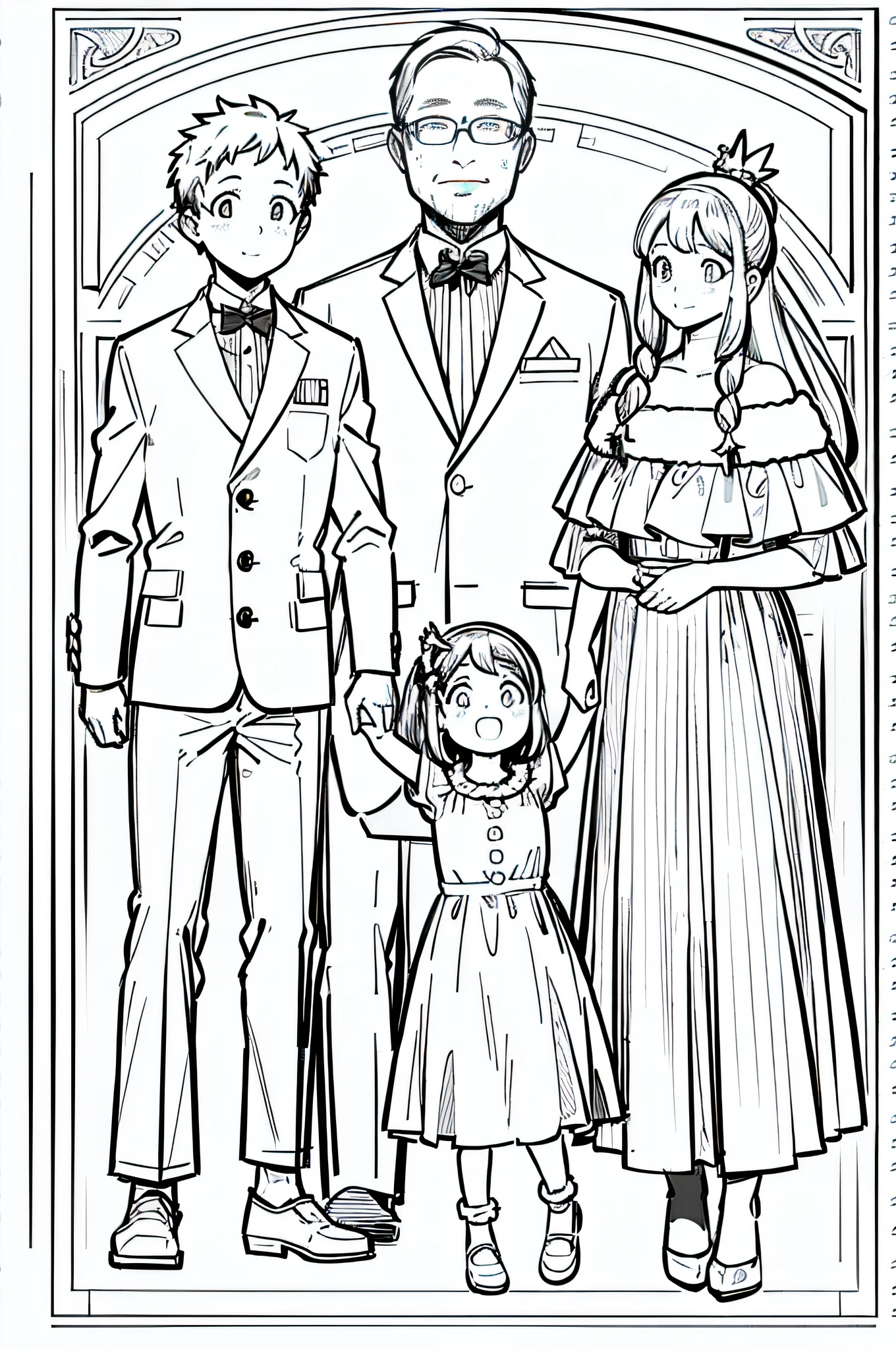 Christmas party, line art, no text, rule of thirds, harmony, fun, sketch, family fun, Fibonacci, mom, dad, kids, correct proportion, dynamic, full body