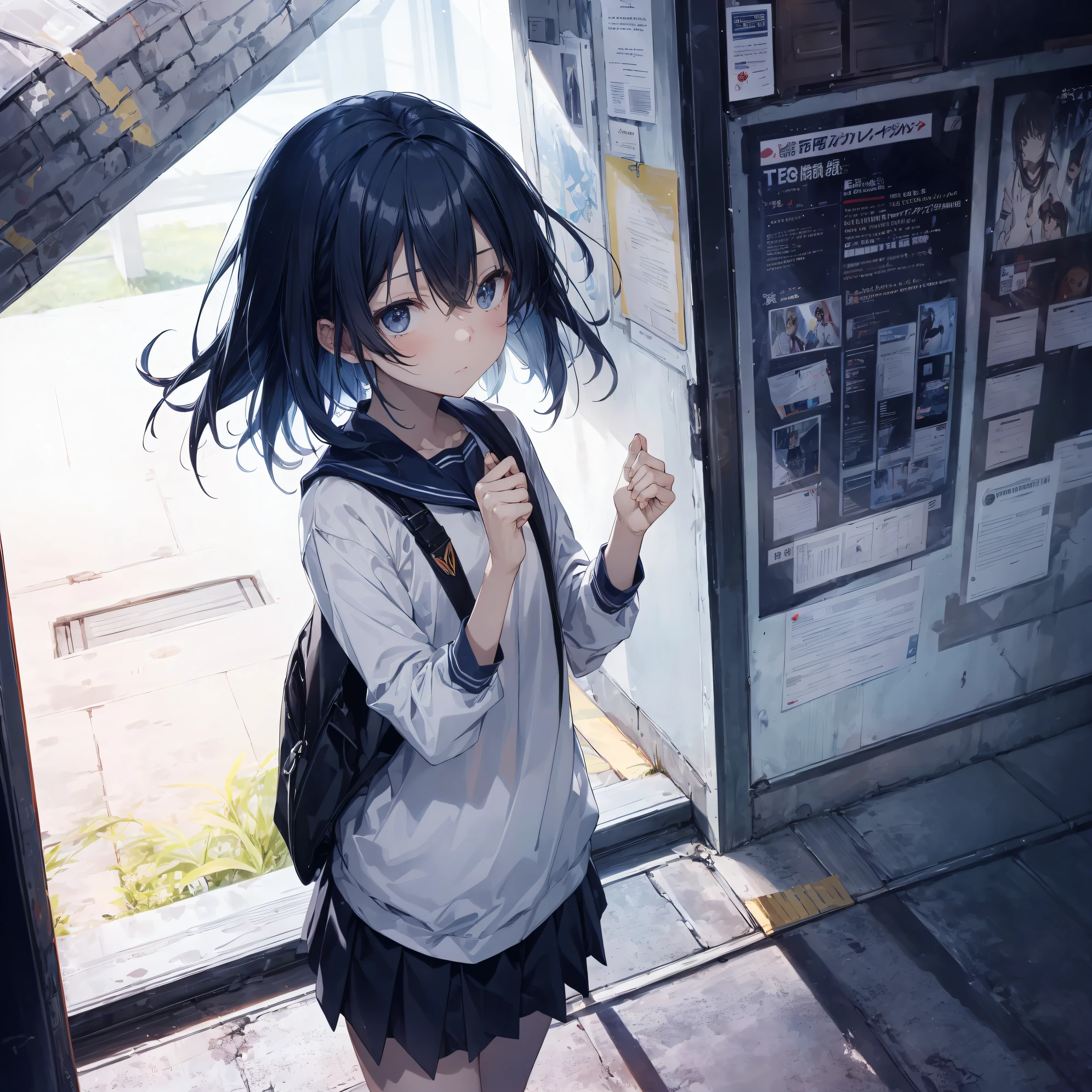 ((best god quality, Ultra-detailed, anime moe art style,Best Anime 8K Konachan Wallpapers,Pixiv Contest Winner,Perfect Anatomy)),BREAK (Draw a girl sleepily walking to school. ),BREAK, 1girl is a cool beautiful girl, (Solo,Lori,child,13years:1.3),a junior high school student, Androgynous attraction, (Very short hair), hair messy,Forehead, Full limbs, complete fingers,flat chest, Small butt, groin, Small eyes,Beautiful detailed black eyes,Well-proportioned iris and pupils,disgusted eye, School uniform, Skirt,On the way to school. BREAK,High resolution,super detailed skin, Best lighting by professional AI, 8k daily landscape illustration,