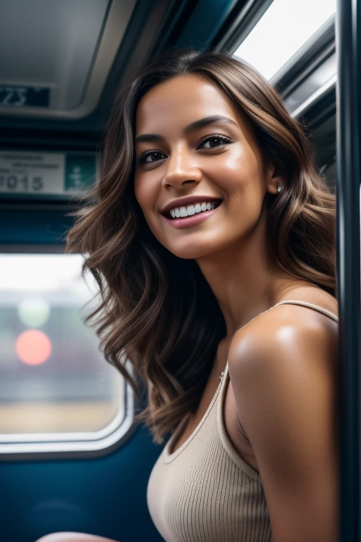 1 very realistic mature woman, 20 years old, very small age, wavy hair , demure, in a train , laughing and playful, full body , in actionineveryday life ,dark chestnut brown -haired, penetrating and intense eyes PARA QUEM OLHA A FOTOGRAFIA, 8k, quality impressive, high resolution, award-winning photography, portrait, (mature woman, , (founded in nova york), light skin, dramatic light, sharp focus, good aesthetic, high definition , highly detailed, neutral cores: 1.2), (HDR: 1.4), hyper detailed, cinemactic, hot lights, canon, Canon EOS 5D Mark IV, 8k, Ultra HD, DSLR. 1 woman