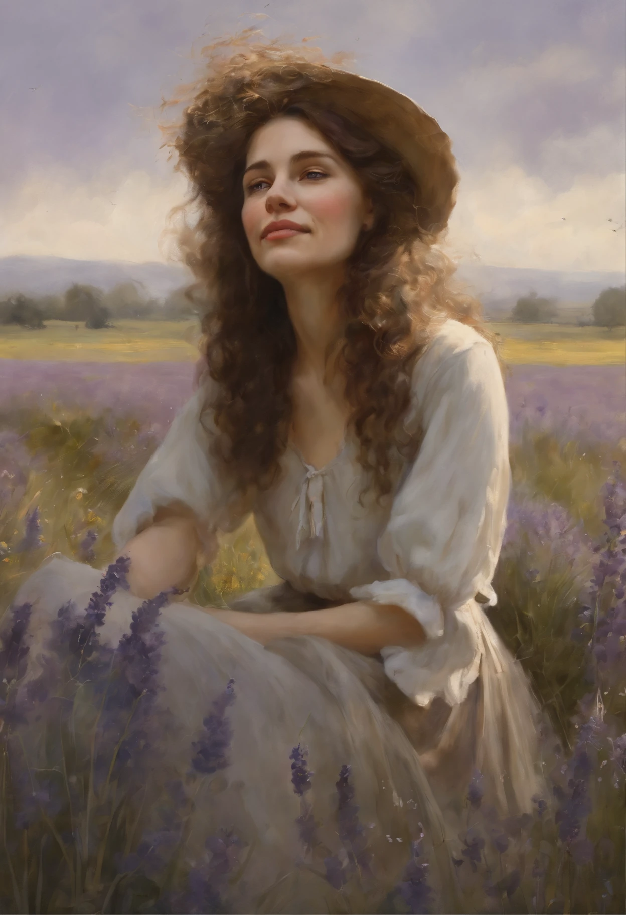 真实感, dark fantasy style, John Tolkien style, Small painting by Jean-Baptiste Monge, portraite of a, looks from the front, Soft facial features, Portrait of Pepi, Woman smiling, mischievous character, laughting, bike ride through the center of the lavender field, hande, Ascended to heaven, Spinning, Smiling, I&#39;I&#39;I&#39;I&#39;I&#39;I&#39;Average height, plump dark pink lips, Engriberts eyebrows, dark brown, green colored eyes, looking at away, Dark brown hair, large dark brown curls fluttering in the wind , dressed in a shirt, Dressed in skinny jeans, wearing boots, in sneakers, Shoes, summer low shoes, I&#39;I&#39;I&#39; A walk on the bike, Summer day, The sun is shining, rainbow, Lavender field, field with lavender, blue skies, Jean-Baptiste Monge, anthropomorphic --ar 2:3 --testp -optimistic;