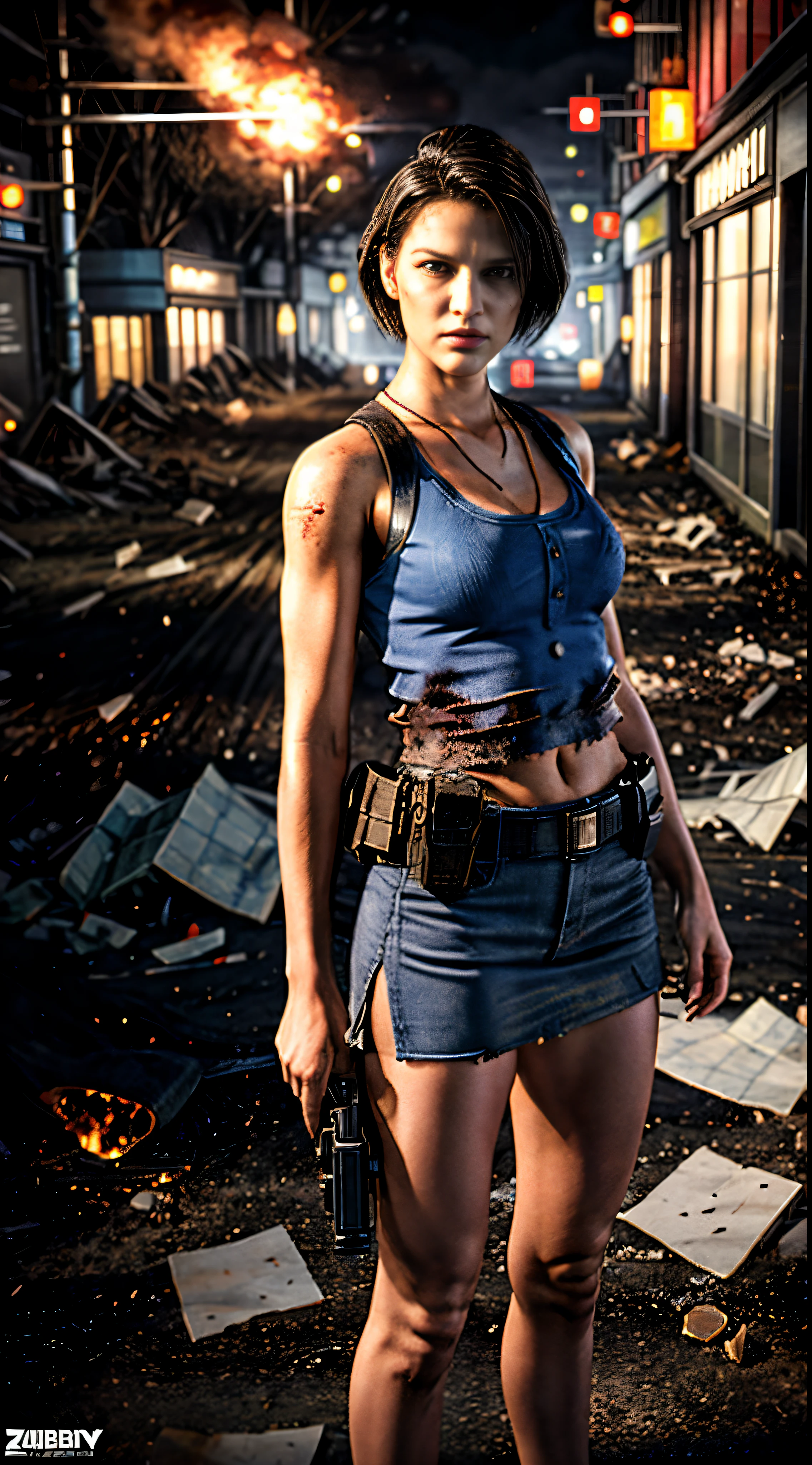 Masterpiece, Best Quality,(Very complex), (realisitic),medium full shot, Jill Valentine, police officer_Uniform, ((serious face)), exteriors, ((A ruined city)), ((Hordes of zombies behind)), looking away, ,Fantasy, Jill Valentine, athletic body, flames, holding a handgun, volume,1 Girl, mini-skirt, Tank Top, volumetric light, dramatic fireworks, looking up at viewer