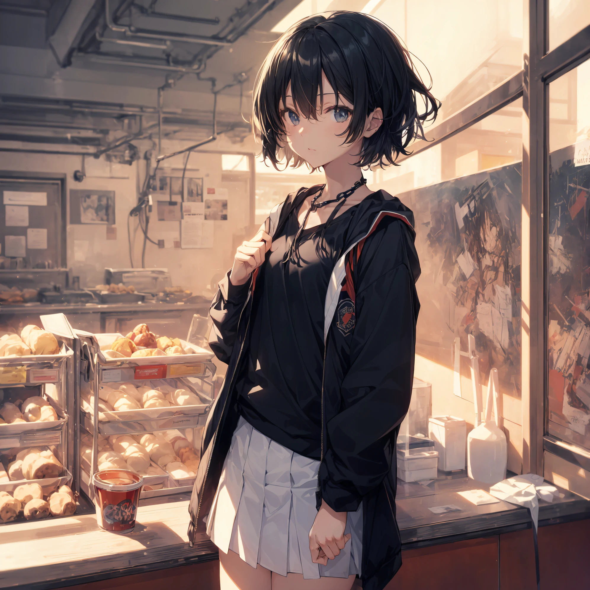 ((best god quality, Ultra-detailed, anime moe art style,Best Anime 8K Konachan Wallpapers,Pixiv Contest Winner,Perfect Anatomy)),BREAK (Draw a girl sleepily walking to school. ),BREAK, 1girl is a cool beautiful girl, (Solo,Lori,,13yea:1.3),a junior gynous attraction, (Very short hair), hair messy,Forehead, Full limbs, complete fingers,flat chest, Small butt, groin, Small eyes,Beautiful detailed black eyes,Well-proportioned iris and pupils,disgusted eye, School uniform, Skirt,On the way to school. BREAK,High resolution,super detailed skin, Best lighting by professional AI, 8k daily landscape illustration,