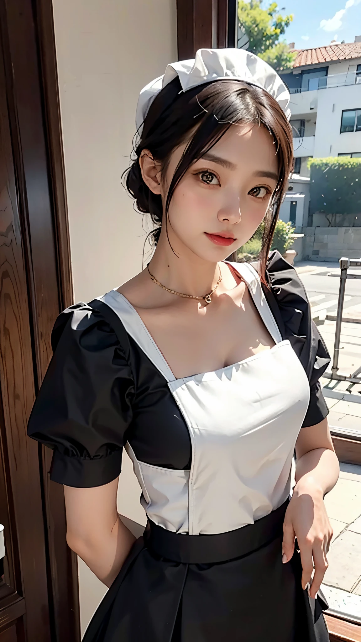 ((highest quality、Masterpiece、High resolution))、(((Zoom photo of upper body)))、One woman、A shy smile、、Large Breasts、Black maid outfit、Black Hair、Trimmed bangedium Hair