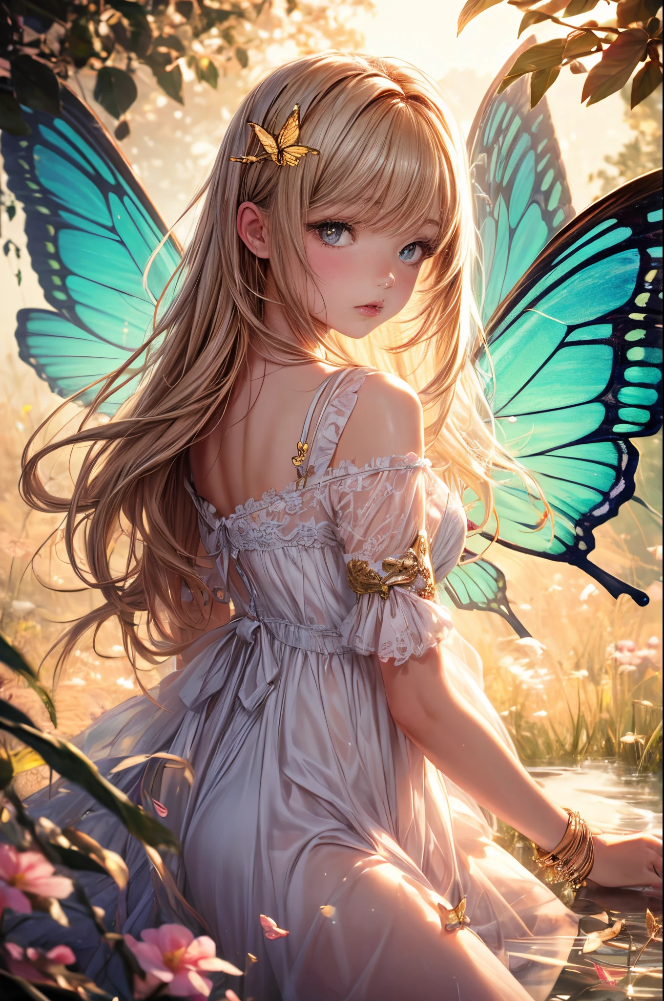 "((Innocent)) girl, golden hour, dreamy meadow, ethereal, whimsical, flowing dress, soft sunlight, enchanting, butterfly wings, (pastel clouds), liquid reflections