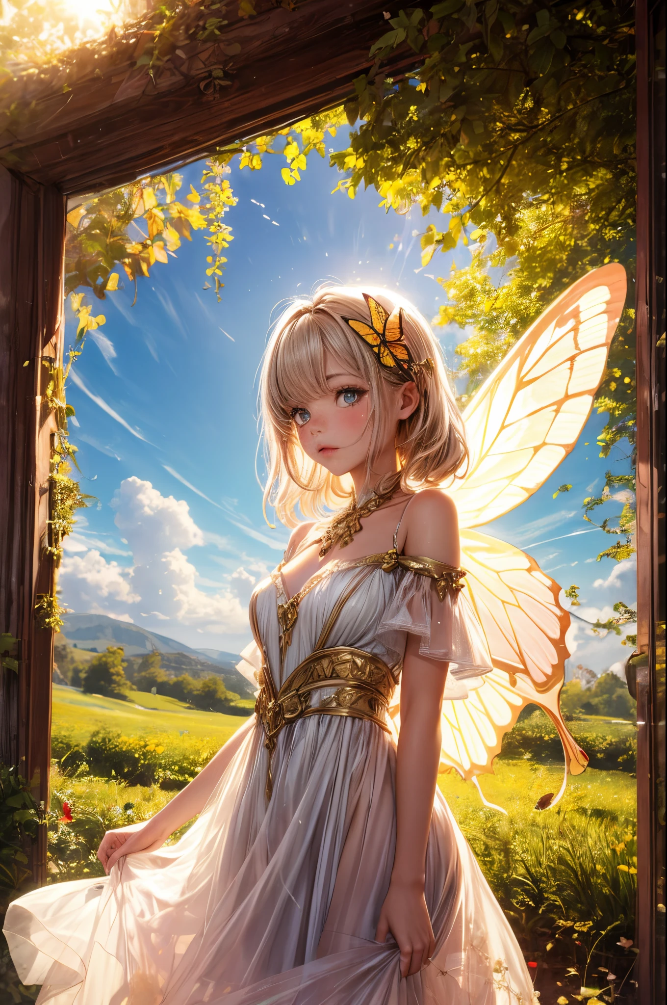 "((Innocent)) girl, golden hour, dreamy meadow, ethereal, whimsical, flowing dress, soft sunlight, enchanting, butterfly wings, (pastel clouds), liquid reflections