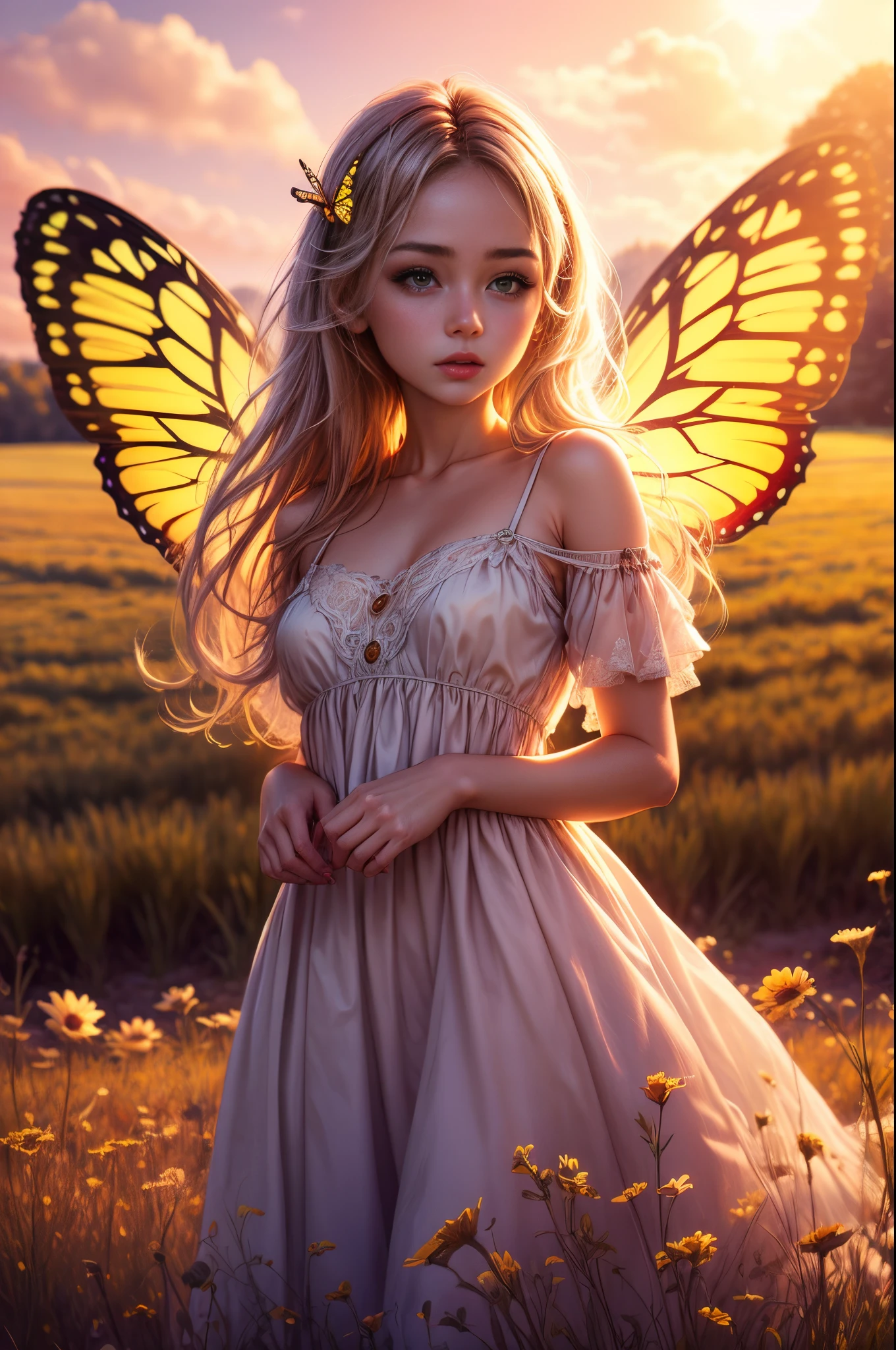 "((Innocent)) girl, golden hour, dreamy meadow, ethereal, whimsical, flowing dress, soft sunlight, enchanting, butterfly wings, (pastel clouds), liquid reflections,frieren