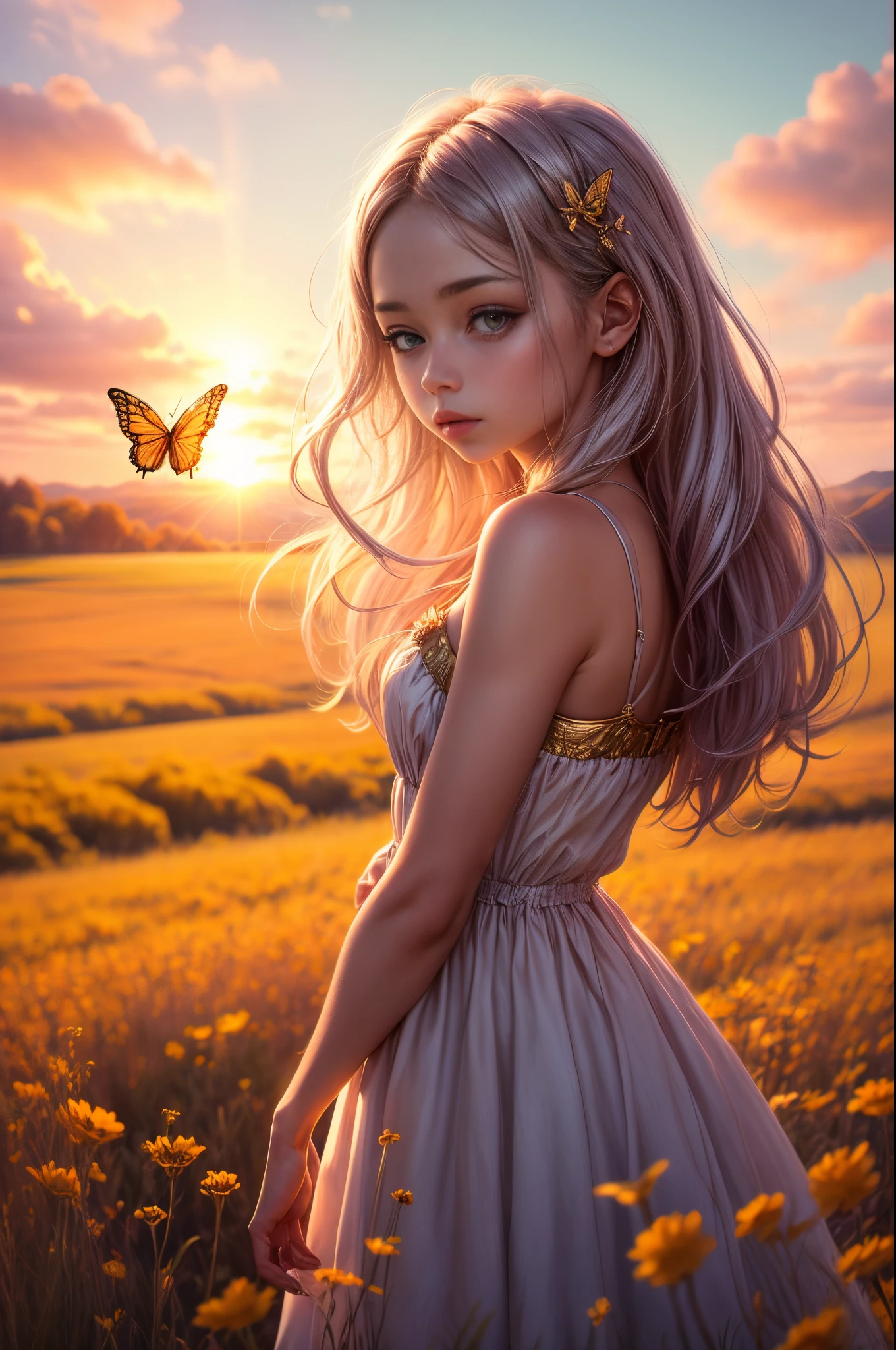 "((Innocent)) girl, golden hour, dreamy meadow, ethereal, whimsical, flowing dress, soft sunlight, enchanting, butterfly wings, (pastel clouds), liquid reflections,frieren