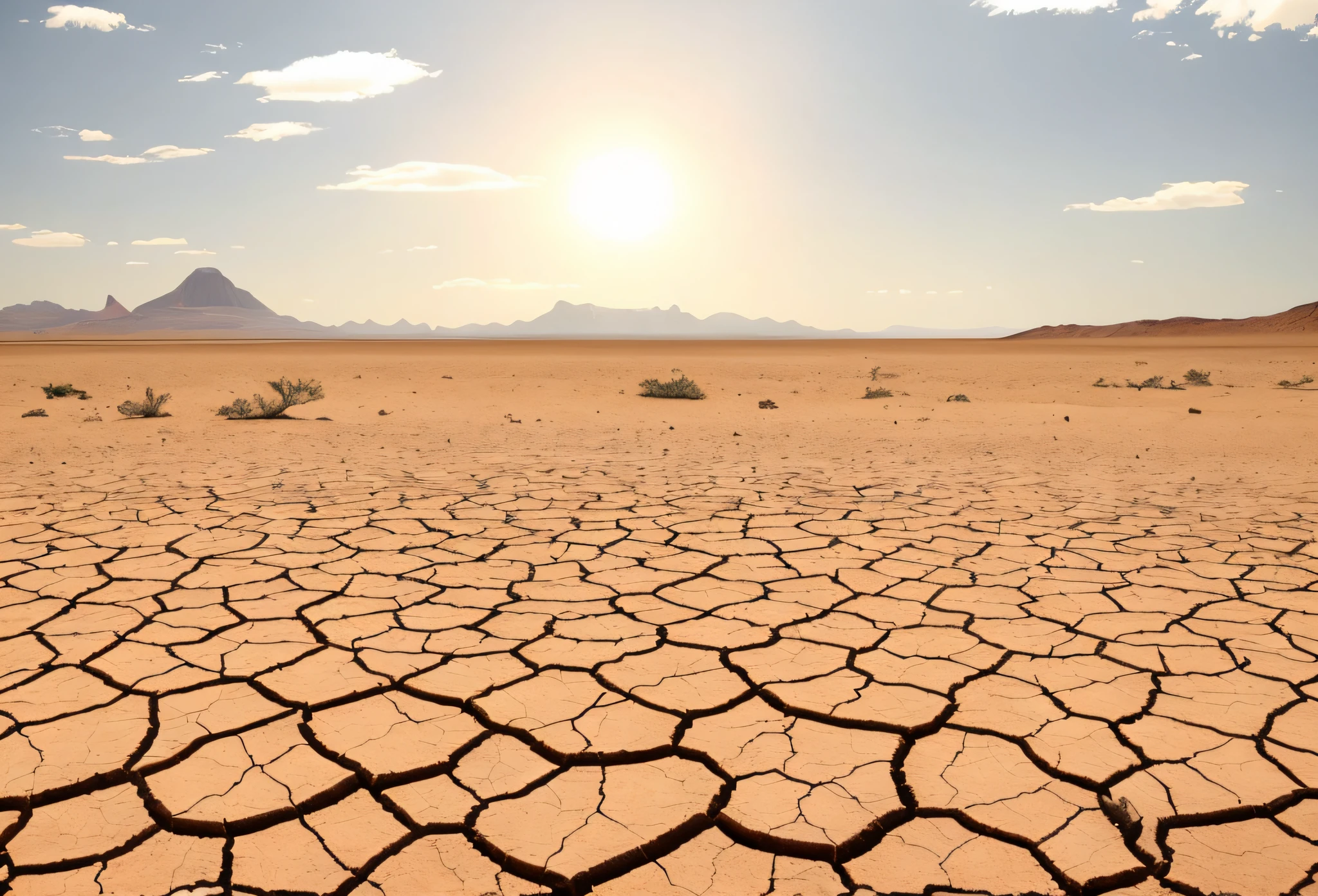 um close de uma terra seca com um sol ao fundo, seca, barren dry land, deserto seco, leito seco do lago rachado, terra rachada, quente e seco, paisagem seca, terra arrasada, solo seco, humid climate, leito seco do rio, climate change, solo branqueado pelo sol brilhante, Desiccated, adaptado a um clima mais seco