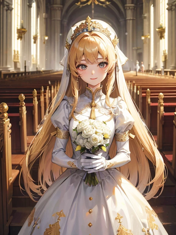 In front of the altar of a majestic church、brightened light、golden long hair girl、Classic White Wedding Dresses、Lots of races、lots of ribbons、voluminous puff sleeves、long cuffs with many buttons、golden embroidery、Long Train、white embroidered gloves、5 fingers、A smile、Redness of the cheeks