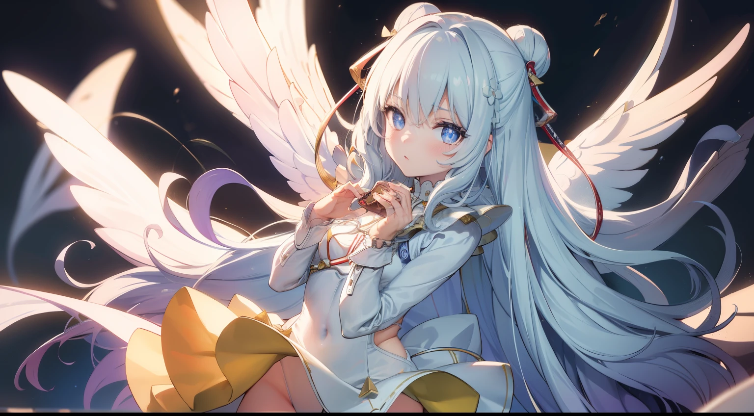 le malin azur lane, le malin, eyes symbol-shaped pupils, double bun, blue eyes, very long hair, hair bun, bow,white hair, sidelocks, blue hair ribbon, ribbon, BREAK white _dress, angel_wings, white_legwear, long sleeves, white dress, pleated dress, thighband pantyhose, BREAK garden, BREAK looking at viewer, (cowboy shot:1.5), BREAK (masterpiece:1.2), best quality,(((beautiful))), high resolution, (illustration:0.8), (beautiful detailed eyes:1.6), extremely detailed face, perfect lighting, extremely detailed CG, (((perfect hands, perfect anatomy))),