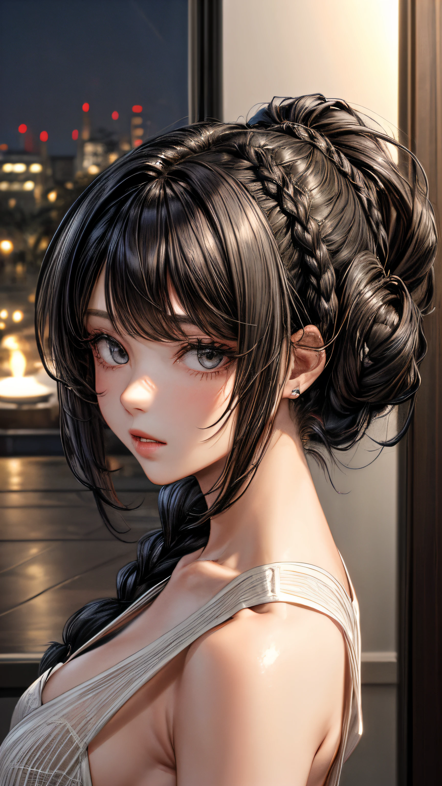 (masterpiece), (best quality), {girl|lady}, looking at viewer, {day|night}, {indoors|outdoors}, {Long hair with natural waves|Shaggy cut|Long bold side bangs|Curly hair|Neat ponytail|Sleek pixie cut|High top knot with twist braids|Voluminous updo|Undercut}