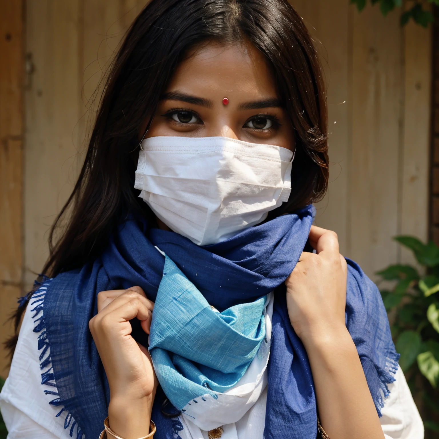 Indian woman covering face with dupatta and handkerchief add handkerchief as well
