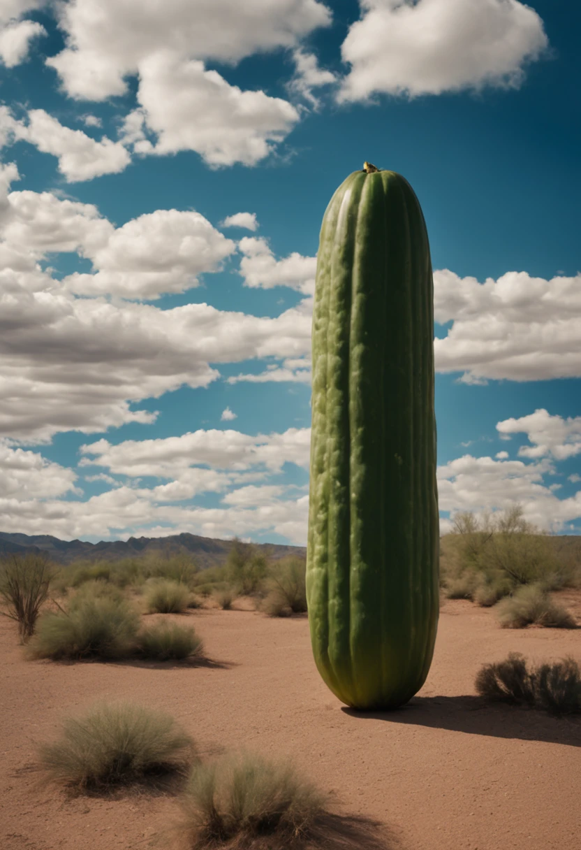 (Portrait shot, ultra-detailed, best quality, photorealistic:1.37, 4k, realistic, photography, a a humanized inflated cucumber Arizona desert, blue sky with clouds, vibrant colours, 35mm)