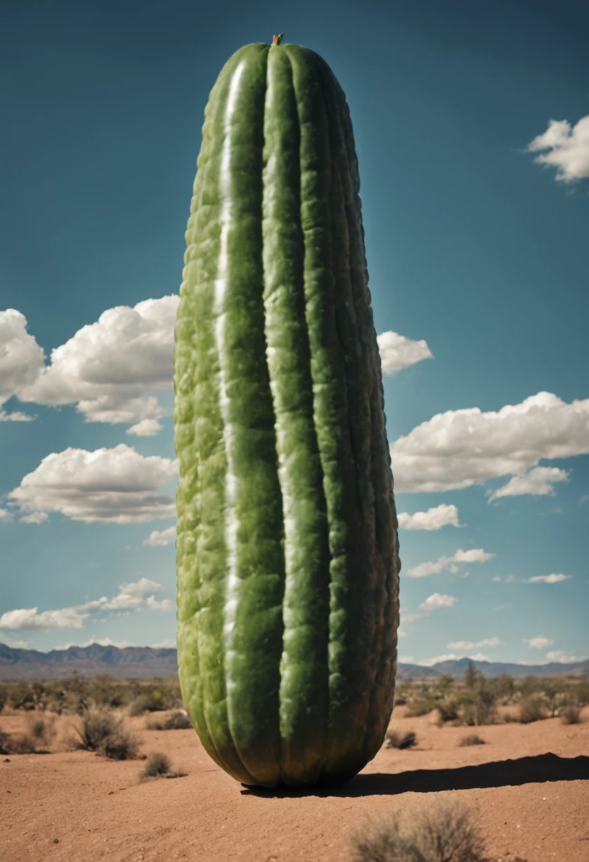 (Portrait shot, ultra-detailed, best quality, photorealistic:1.37, 4k, realistic, photography, a a humanized inflated cucumber Arizona desert, blue sky with clouds, vibrant colours, 35mm)