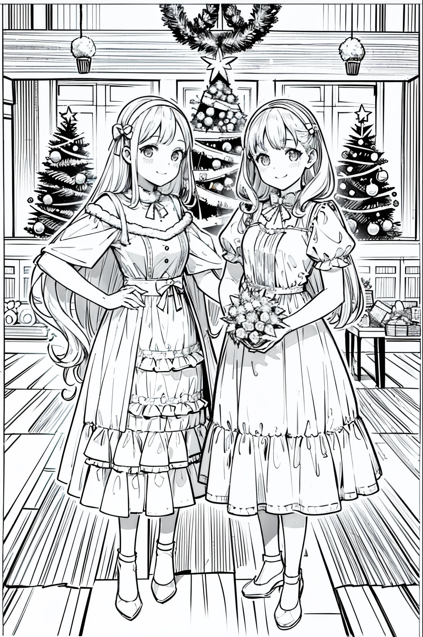 Christmas party, line art, no text, rule of thirds, harmony, fun, sketch, family fun, Fibonacci
