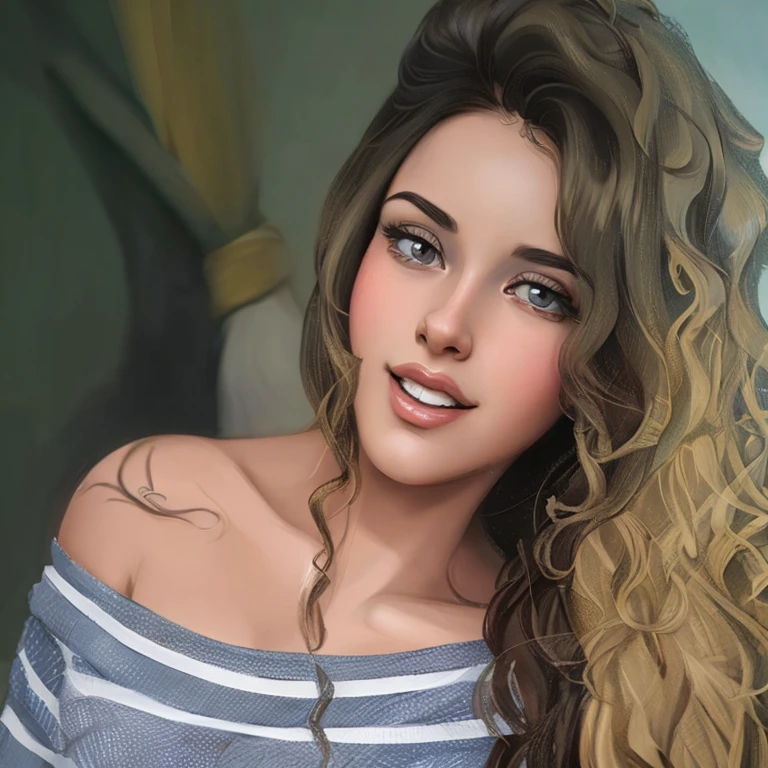 mulher arafed com longos cabelos cacheados e uma camisa listrada, pintura digital dos desenhos animados, estilo de arte realista, Arte digital realista 4K, Arte digital realista 4K, arte digital dos desenhos animados, estilo de arte realista, realistic digital illustration, desenho digital realista, realismo artstyle, pintura digital realista, estilo de arte fotorrealista, arte digital realista, pintura realista da menina bonito, retrato feminino realista