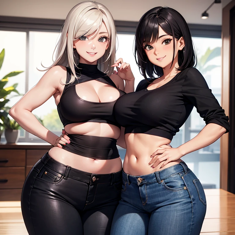 A 25 years old girl wearing black short bra's for women and tight jeans pant, smiling face, looking at viewer