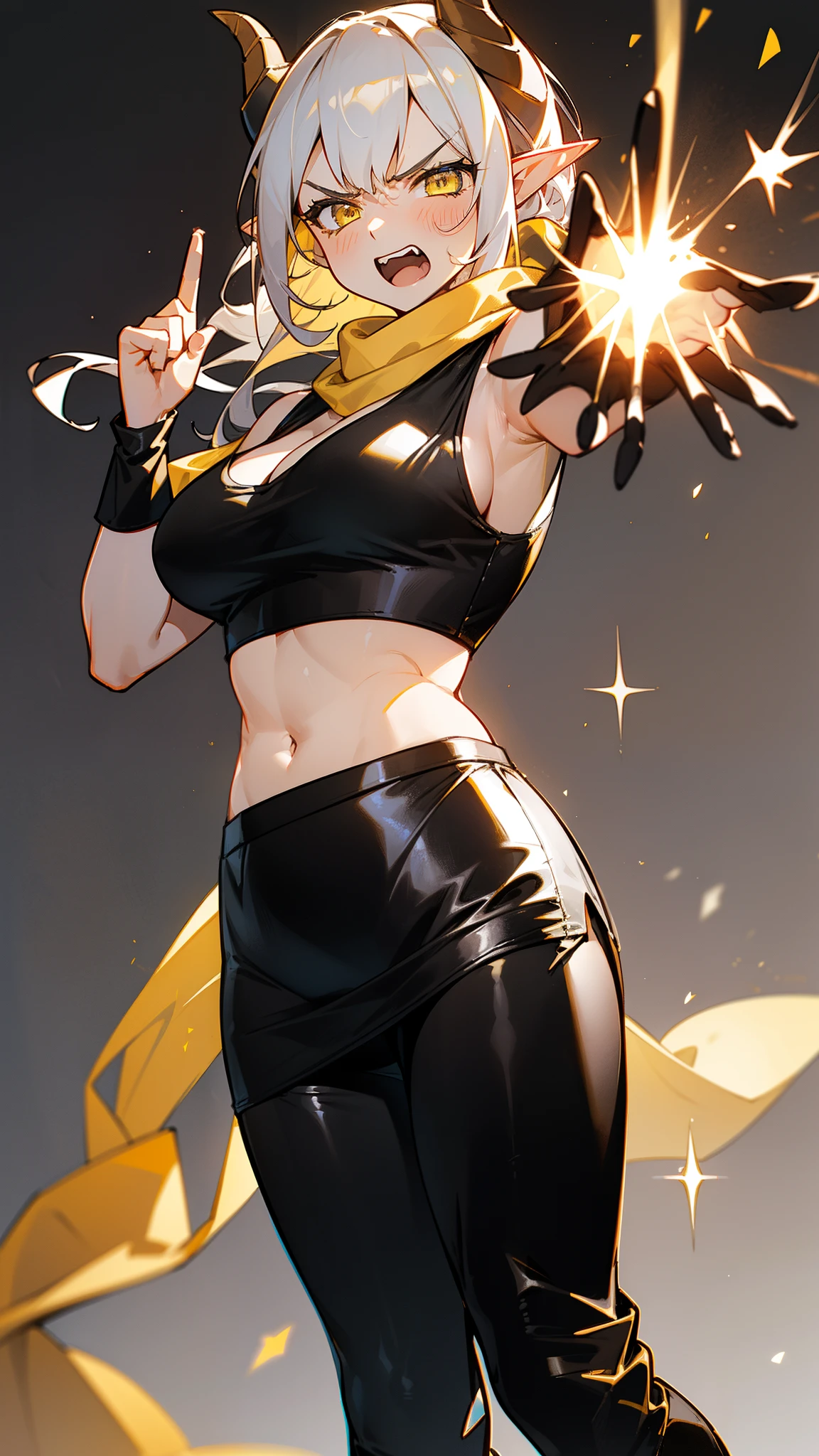 1girl,20s,(mature female),long hair, white hair,curly hair,yellow eyes, ((angry face)),medium breasts,show belly,cleavage,horns,elf ears,((yellow scarf)),(blue magic sparks),((black tank top,black pencil skirt,black leather pants)),standing,open mouth,yelling,outstretched hand