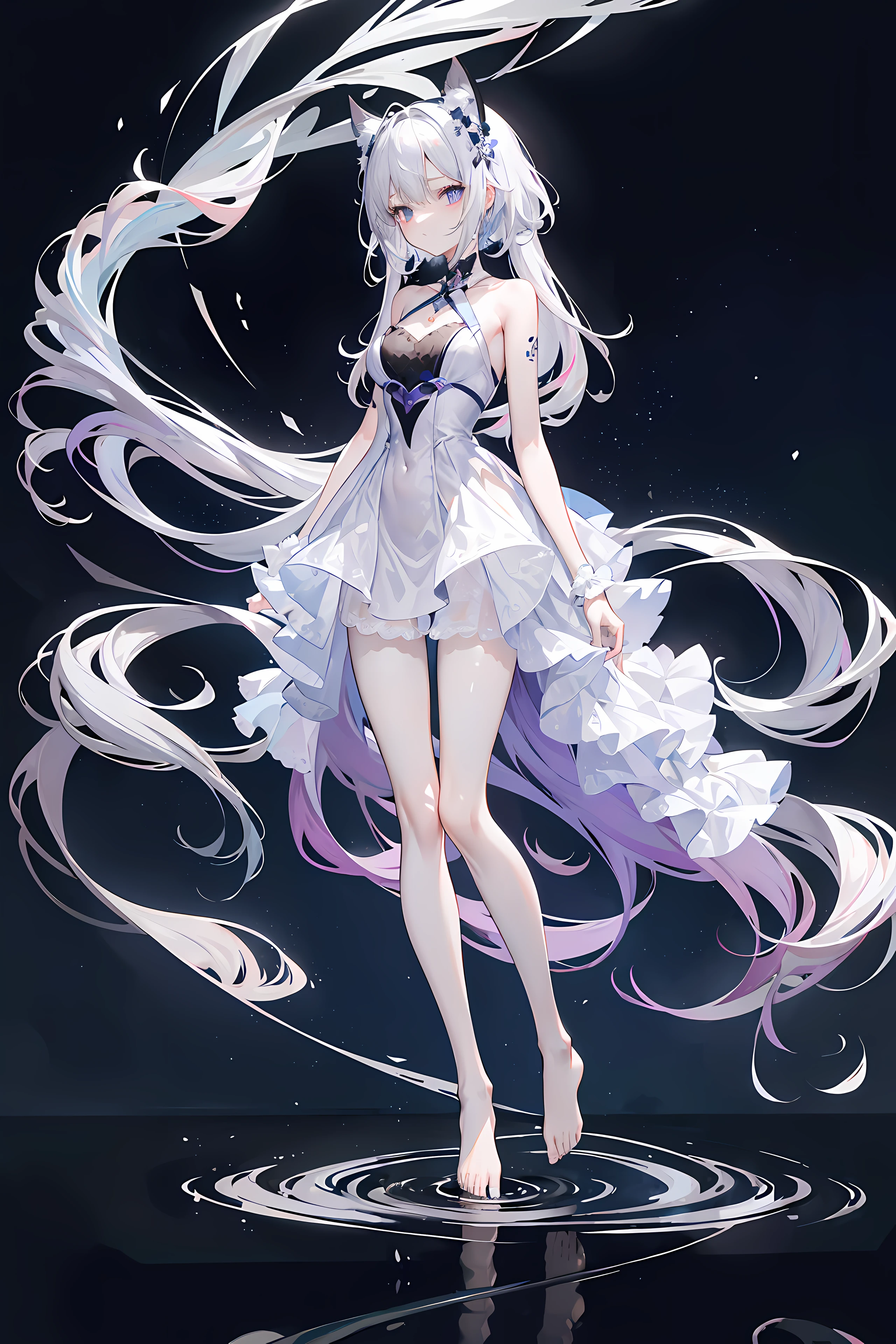 Lilac gradient hair,Asymmetrical hair,((Hair very thick 1.8,chiseled head 1.6)), Hair over the shoulder, messy hair, Very long hair, shinny hair,(Long gray hair:1.2),A beautyful girl,(Luxury Platinum Mini Ultra Short Platinum ta,Made of transparent material),(Transparent clothes transparent 1.8),perfect body figure,Large slender legs,slenderness,(looking sad,Haggard complexion ,grieves,shut up:1.2) Against the backdrop of an unusually bright dark starry sky,(Place your hands behind your back),(Round,tuba, strong chest),The barefoot,afloat,waterface,(long leges,long leges,long leges,Gestalt),fully body photo。