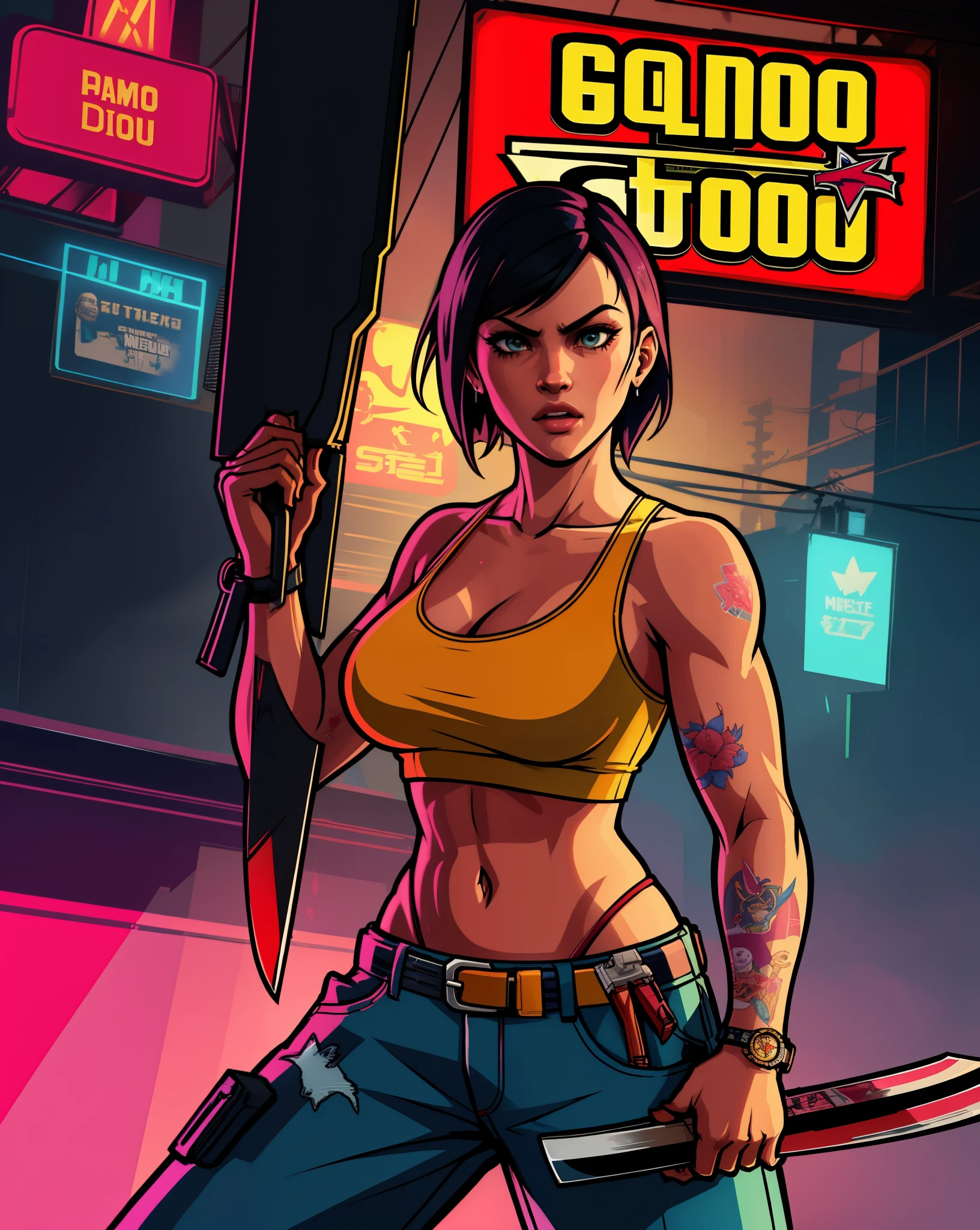 comic character, A female character wielding a machete in one hand and a severed otaku's head on the other hand, in a neon-lit environment. Rendered in the iconic GTA 5 style with high-resolution details and vibrant colors. The image captures the gritty realism and futuristic aesthetic of the game, with a focus on the woman's strong character and determination. intricate details, sharp focus, dramatic lighting, vibrant colors, realistic style, GTAV style