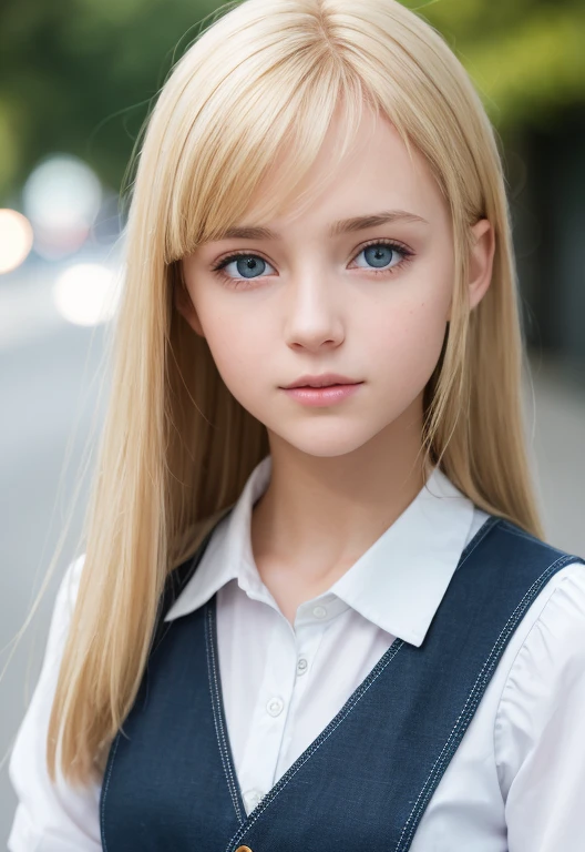 RAW photos, ((Portrait of extreme beauty))), (Radiant white skin)), 1 girl,  pretty beautiful girl in Prague, (Lustrous bright natural blonde hair))), [Blue eyes], Silky fine hair, Straight long hair, Eyeliner, Bangs, Hair between eyes, Fluttering hair, Little smile, ((Masterpiece, top quality, ultra detailed, film light, complex details, high resolution , 8K, very detail)), detailed background, 8K UHD, DSLR, soft light, high quality, film grain, Fujifilm XT3, shallow depth of field, natural light, (perfect hands), perfect beautiful face, school uniform