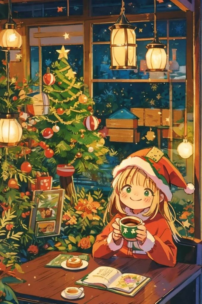 Christmas anime background art, relaxing concept art, anime scenery concept art, immensely detailed scene, a beautiful artwork illustration, highly detailed scene, beautiful anime scene, anime scenery, detailed soft painting, oil painting, vintagepaper, Christmas decoration, (a girl drinking 1 hot coffee in an indoor cafe),((cute face, kawaii)), ((Christmas trees)), ((Christmas hat)), bright_pupils, smile face, windows, watercolor