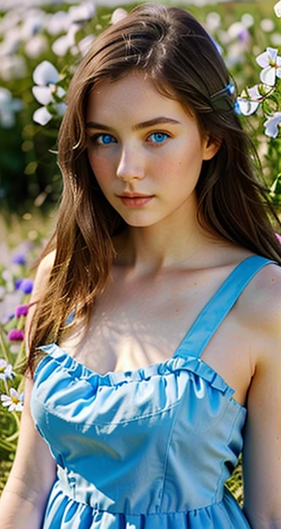 masterpiece, best quality, ultra-detailed), photo of a super beautiful girl 21 yo with realistic blue eyes and dark long brown hair, pale skin. in a field of flowers, looking over her shoulder at the camera, 5'8" tall, 34D breasts covered by modest baby blue dress, angled jaw, pointed chin