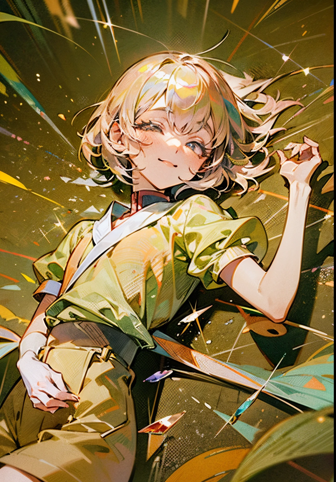 ((in the style of Ichikawa Haruko)), Hauskie is not, The Land of Precious Stones, Original character, ((tmasterpiece)), (((beste-Qualit))), ((ultradetailed)), ((illustartion)), [The light effect of realism], eye shadow, (fantasy style), Simple background, illustartion, 1 girl, side glance, Crystal hair, Glowing Hair, shirt with collar, Additional lighting, uniform, tie, puffy short sleeves, Shorts, Smile, puffy short sleeves, Puffy armbands, Shirt, short sleeve, sparkle, Small flat chest, BEAUTIFUL POSE, lying on the ground