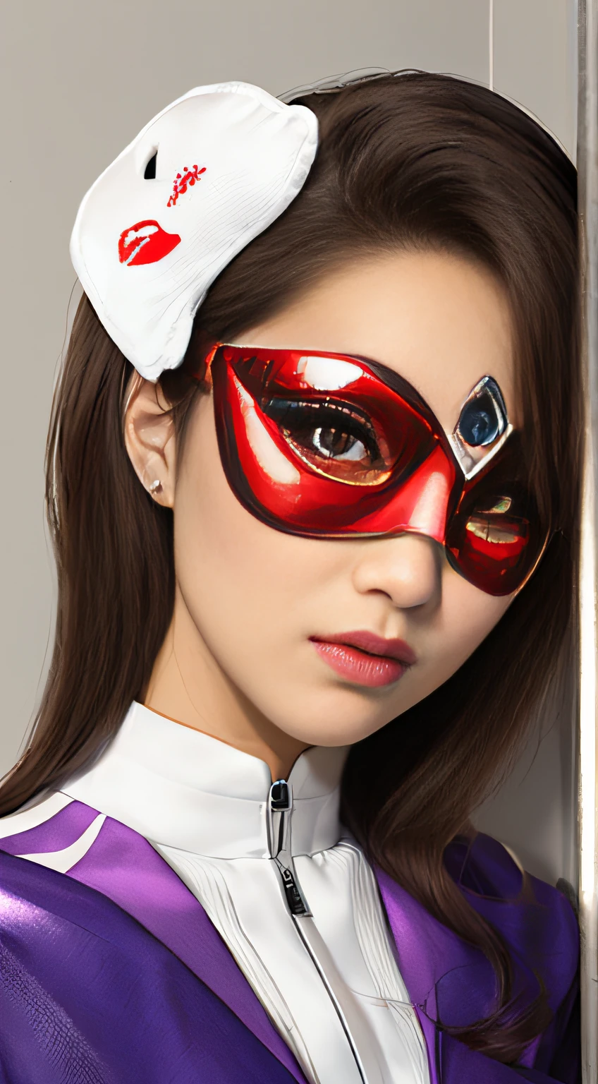 shiny red eye mask, dark purple eye shadow