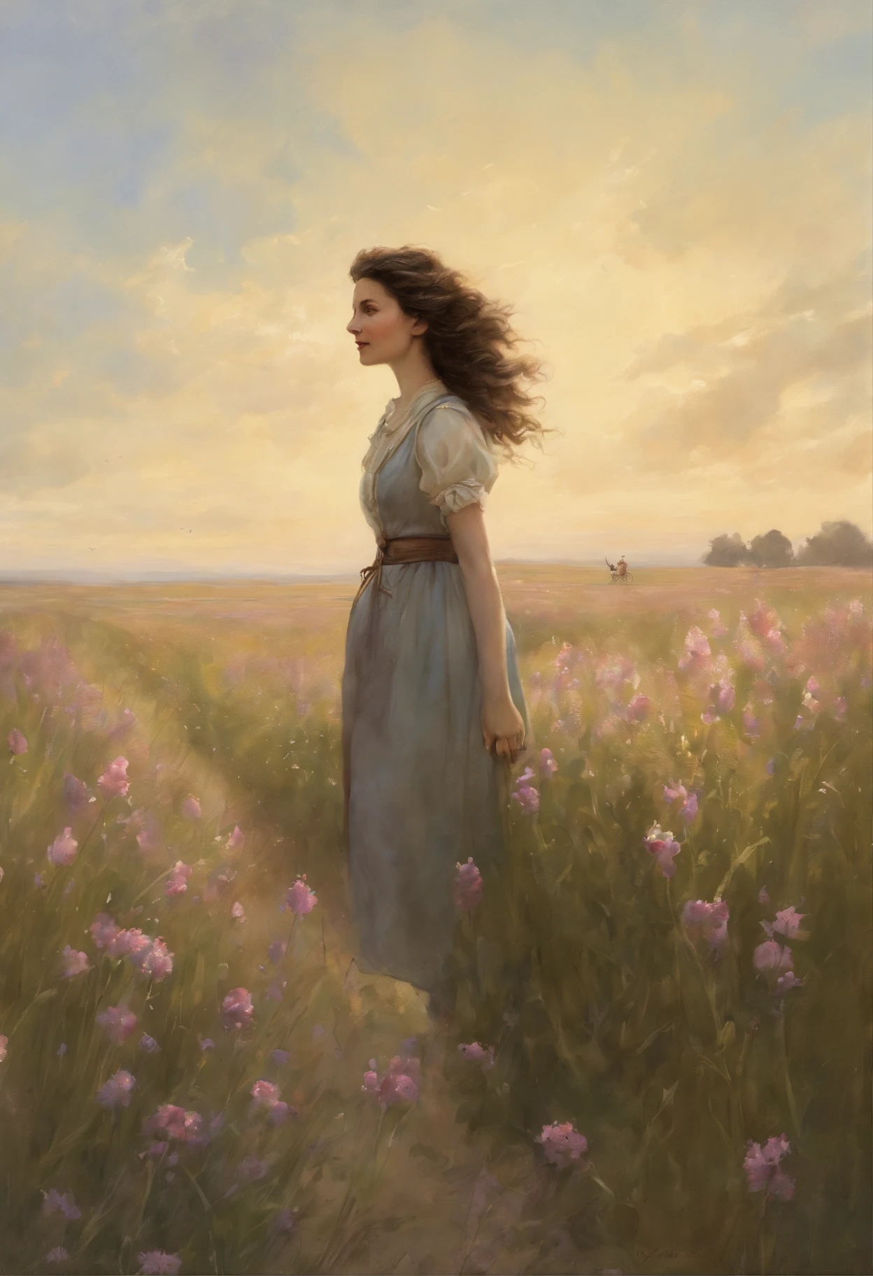 真实感, dark fantasy style, John Tolkien style, Small painting by Jean-Baptiste Monge, portraite of a, looks from the front, Soft facial features, Portrait of Pepi, Woman smiling, mischievous character, laughting, bike ride through the center of a lavender field, hande, Ascended to heaven, Spinning, Smiling, I'I'I'I'I'I'Average height, plump dark pink lips, Engriberts eyebrows, dark brown, green colored eyes, looking at away, Dark brown hair, large dark brown curls fluttering in the wind , dressed in a shirt, dressed in denim overalls, wearing boots, in sneakers, Shoes, summer low shoes, I'I'I' A walk on the bike, Summer day, The sun is shining, rainbow, Lavender field, field with lavender, blue skies, she's not wearing a dress, Jean-Baptiste Monge, anthropomorphic --ar 2:3 --testp -optimistic;