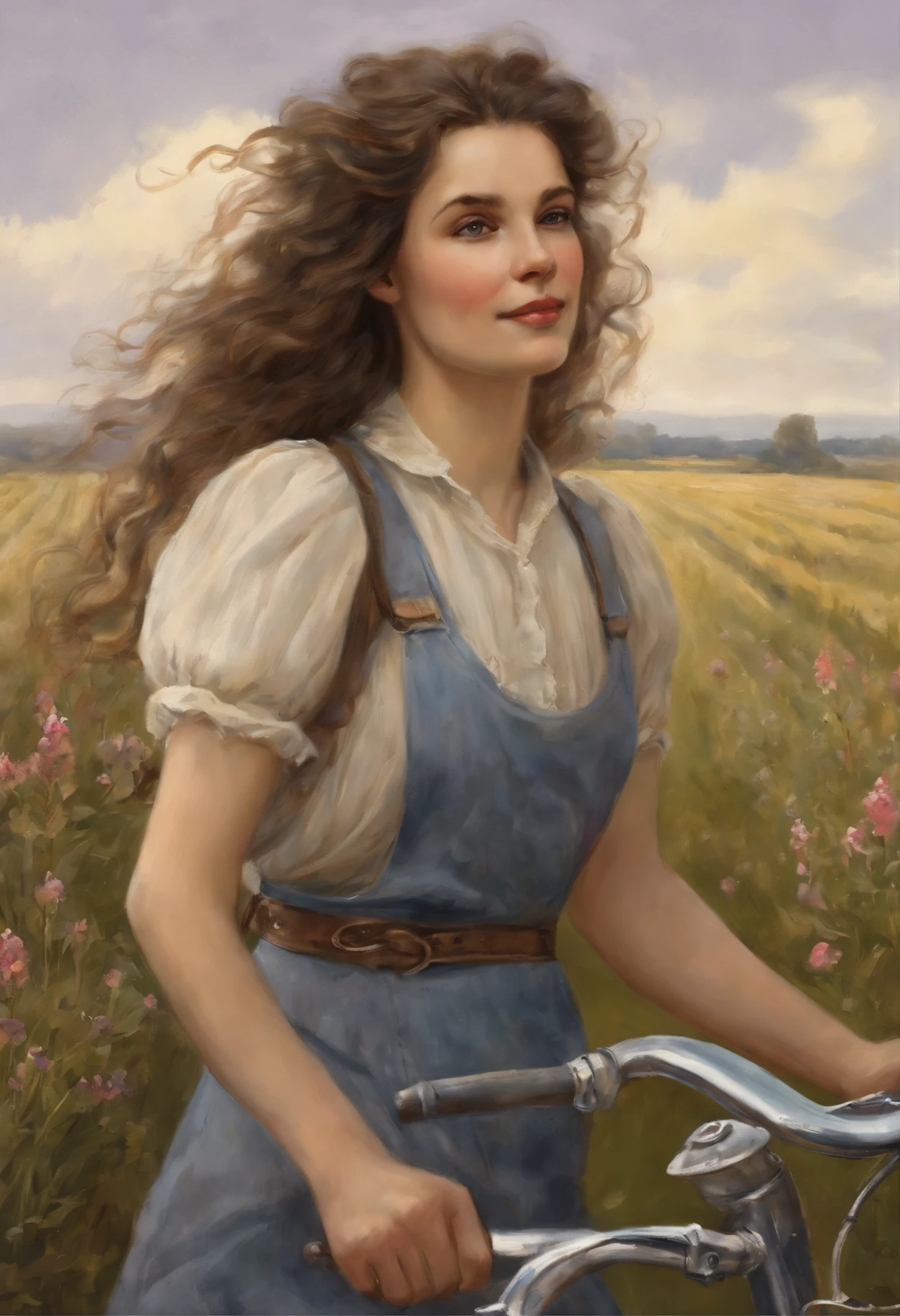 真实感, dark fantasy style, John Tolkien style, Small painting by Jean-Baptiste Monge, portraite of a, looks from the front, Soft facial features, Portrait of Pepi, Woman smiling, mischievous character, laughting, bike ride through the center of a lavender field, hande, Ascended to heaven, Spinning, Smiling, I'I'I'I'I'I'Average height, plump dark pink lips, Engriberts eyebrows, dark brown, green colored eyes, looking at away, Dark brown hair, large dark brown curls fluttering in the wind , dressed in a shirt, dressed in denim overalls, wearing boots, in sneakers, Shoes, summer low shoes, I'I'I' A walk on the bike, Summer day, The sun is shining, rainbow, Lavender field, field with lavender, blue skies, she's not wearing a dress, Jean-Baptiste Monge, anthropomorphic --ar 2:3 --testp -optimistic;