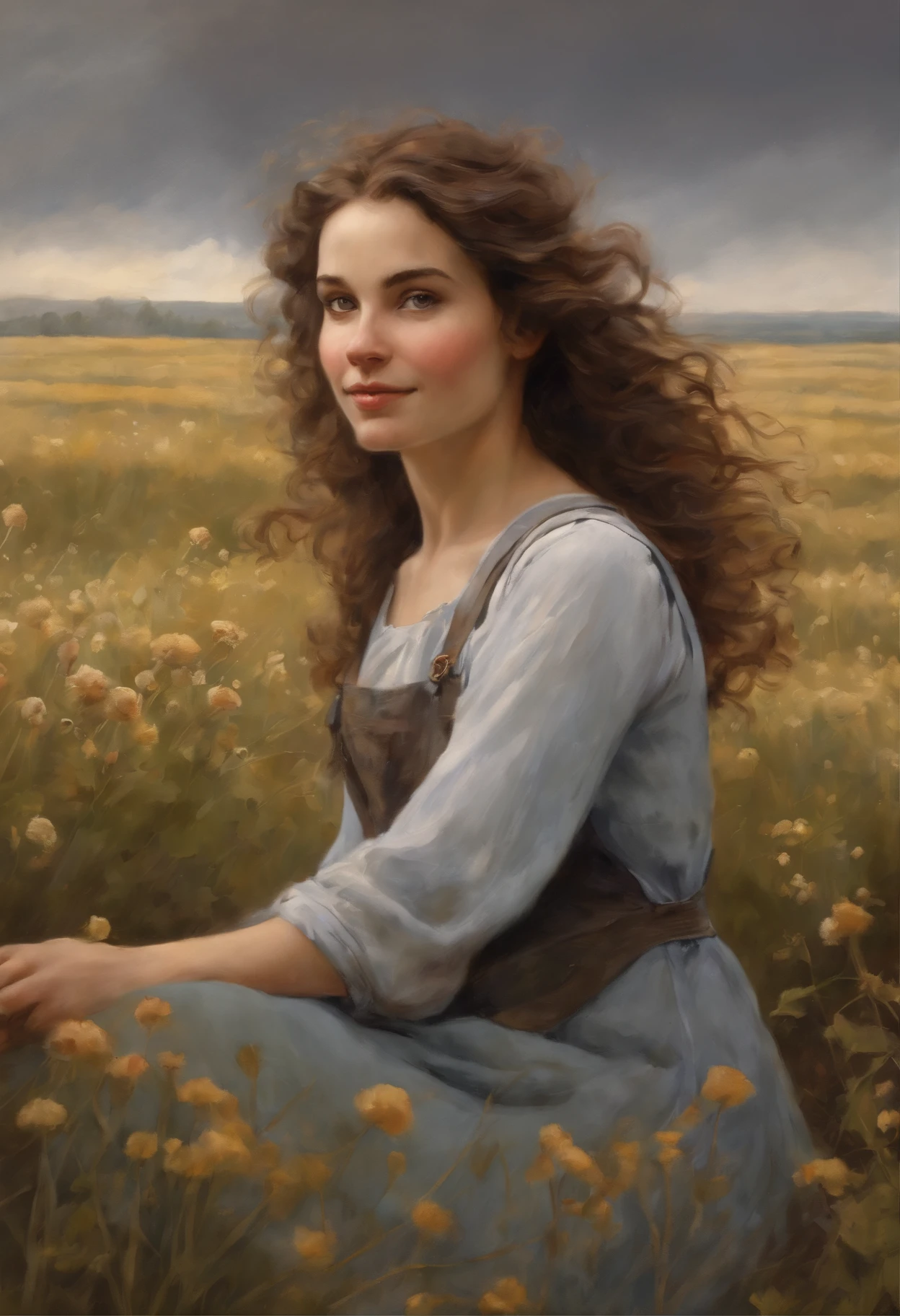 真实感, dark fantasy style, John Tolkien style, Small painting by Jean-Baptiste Monge, portraite of a, looks from the front, Soft facial features, Portrait of Pepi, Woman smiling, mischievous character, laughting, bike ride through the center of a lavender field, hande, Ascended to heaven, Spinning, Smiling, I&#39;I&#39;I&#39;I&#39;I&#39;I&#39;Average height, plump dark pink lips, Engriberts eyebrows, dark brown, green colored eyes, looking at away, Dark brown hair, large dark brown curls fluttering in the wind , dressed in a shirt, dressed in denim overalls, wearing boots, in sneakers, Shoes, summer low shoes, I&#39;I&#39;I&#39; A walk on the bike, Summer day, The sun is shining, rainbow, Lavender field, field with lavender, blue skies, she&#39;s not wearing a dress, Jean-Baptiste Monge, anthropomorphic --ar 2:3 --testp -optimistic;
