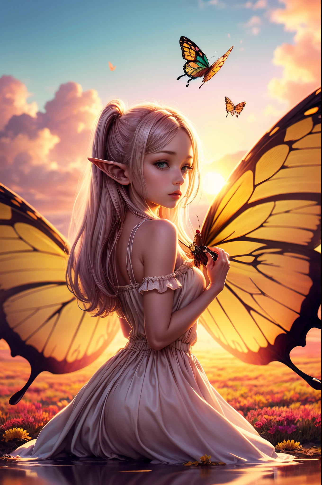 "((Innocent)) Elf girl, golden hour, dreamy meadow, ethereal, whimsical, flowing dress, soft sunlight, enchanting, butterfly wings, (pastel clouds), liquid reflections,frieren