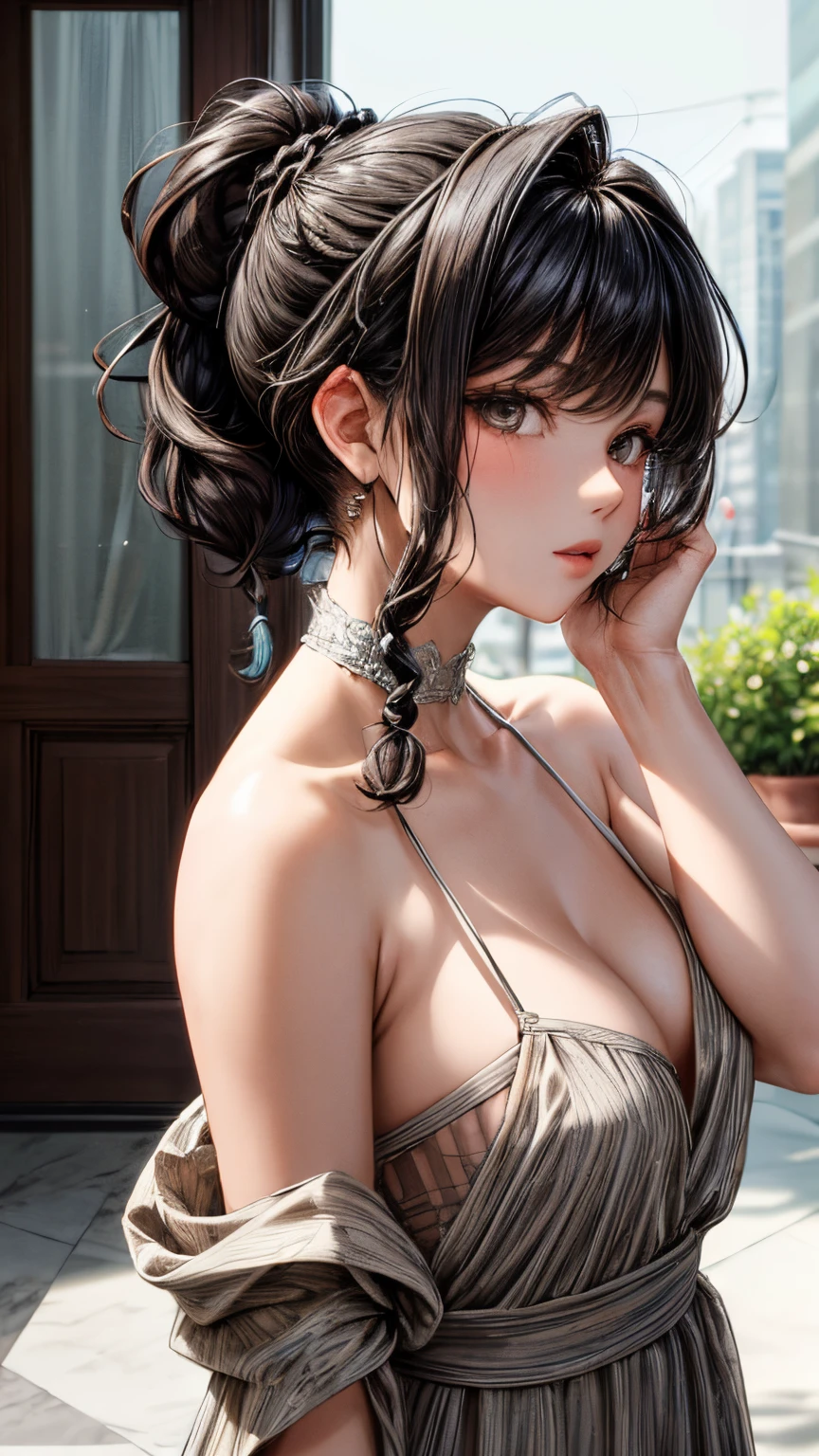 (masterpiece), (best quality), {girl|lady}, looking at viewer, {day|night}, {indoors|outdoors}, {short hair with natural waves|Shaggy cut|Long bold side bangs|Curly hair|Neat ponytail|Sleek pixie cut|High top knot with twist braids|Voluminous updo|Undercut}