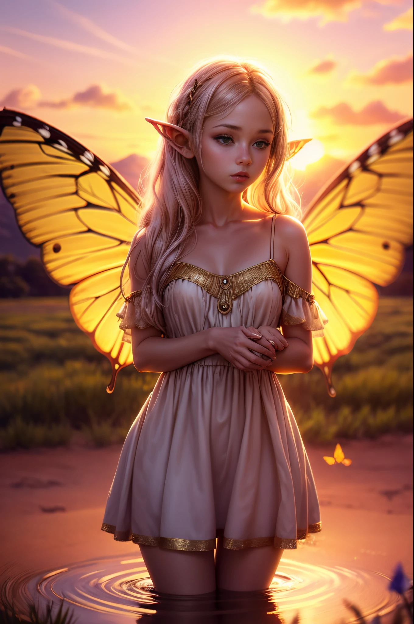 "((Innocent)) Elf girl, golden hour, dreamy meadow, ethereal, whimsical, flowing dress, soft sunlight, enchanting, butterfly wings, (pastel clouds), liquid reflections,frieren