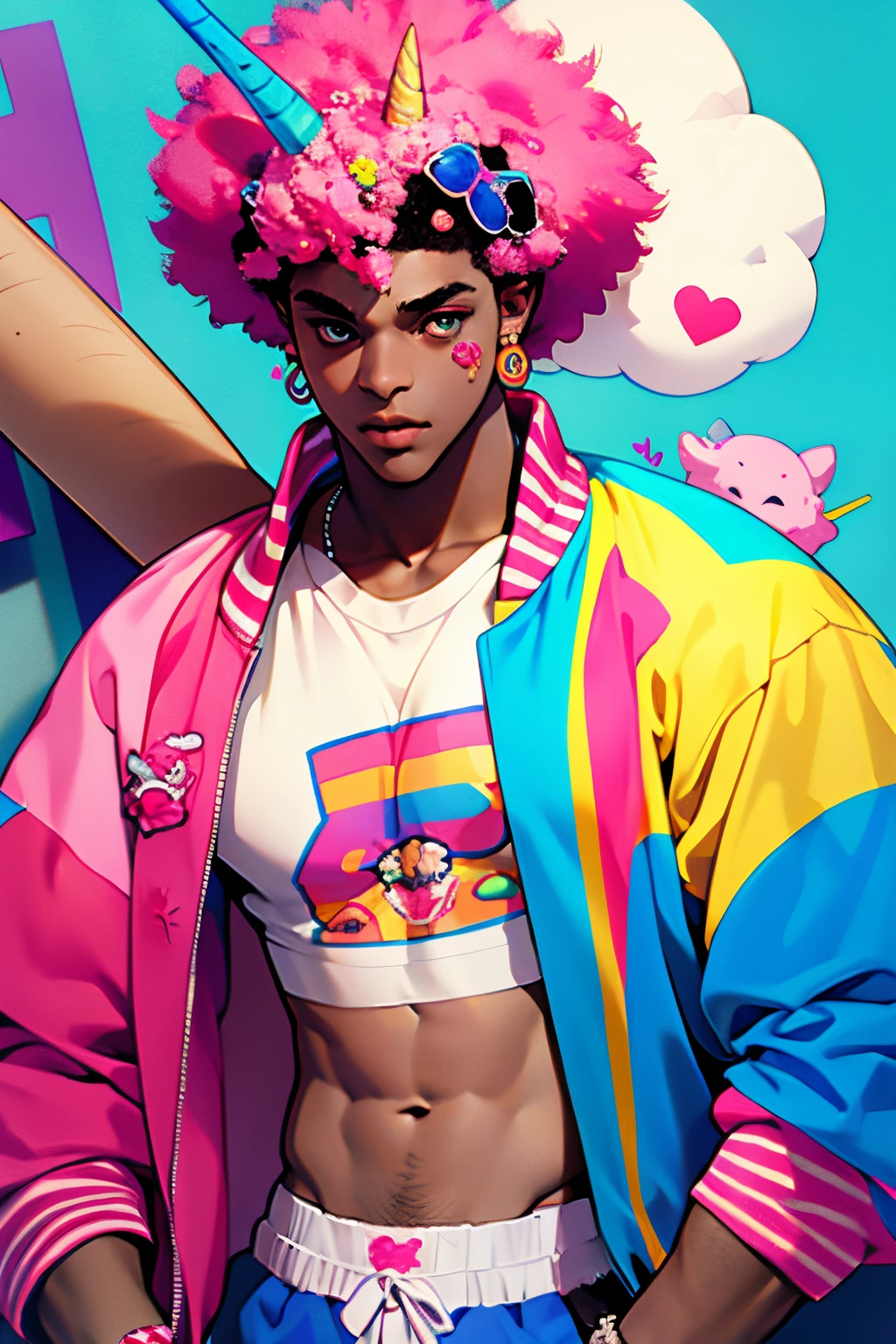 Cutecore decora unicorn white rainbow and pink Buff muscular bara dark skinned jock with a large poofy Afro wearing a varsity jacket that matches his harajulu aesthetic, with a baseball bat and he’s gay.