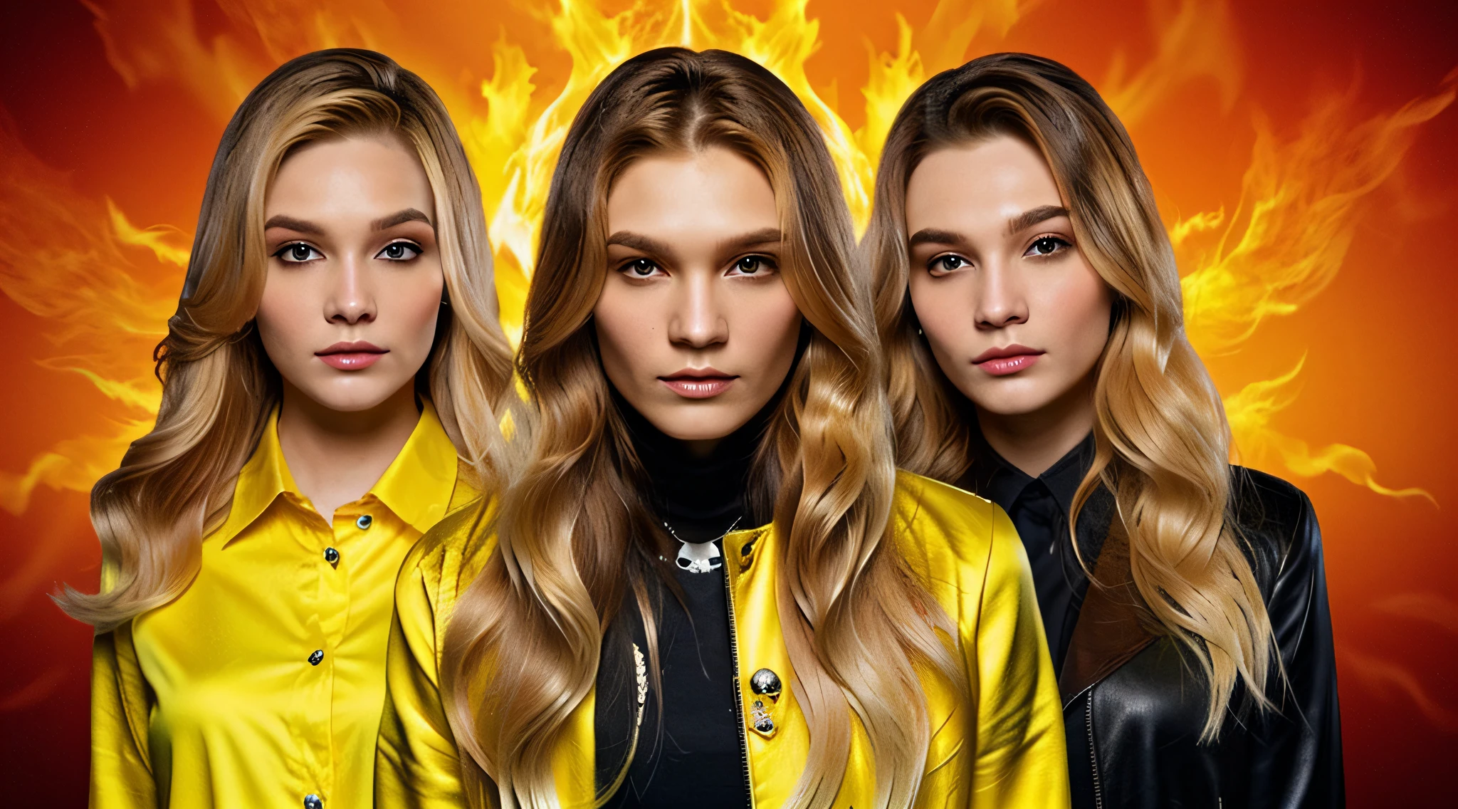 blonde haired girl with blue eyes and long blonde hair in a red leather jacket with MICROPHONE, straight hair, next gen, childish, boy's hair, three futuristic princes, by Mirabello Cavalori, by derek zabrocki, beautiful symmetrical faces, children, by Bernardino Mei, children, by Zahari Zograf, beautiful boys, digital art. realistic photo, twins, fire music photo, elemental, portraitPORTRAT STYLE, flames are glowing in the dark with a reflection of fire, fire flames, flames in the background, fire and flames, flames in the background, roaring place of fire, flames of fire in the background, flames in flames, background flames, red flames in the background, fire and flames and smoke,  fire on fire, many flames, flame and fire, fire in the background, multiple flames
