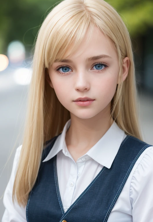 RAW photos, ((Portrait of extreme beauty))), (Radiant white skin)), 1 girl, 14 years old pretty beautiful girl in Prague, (Lustrous bright natural blonde hair))), [Blue eyes], Silky fine hair, Straight long hair, Eyeliner, Bangs, Hair between eyes, Fluttering hair, Little smile, ((Masterpiece, top quality, ultra detailed, film light, complex details, high resolution , 8K, very detail)), detailed background, 8K UHD, DSLR, soft light, high quality, film grain, Fujifilm XT3, shallow depth of field, natural light, (perfect hands), perfect beautiful face, school uniform