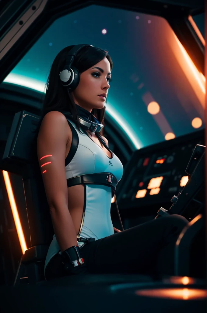 (35mm style) 5 o'clock high rear angle of a female helmswoman, at the helm of the space combat vessel, partially turned back to look at the captains chair, there are other crew around, full body shot while she is sitting at the controls