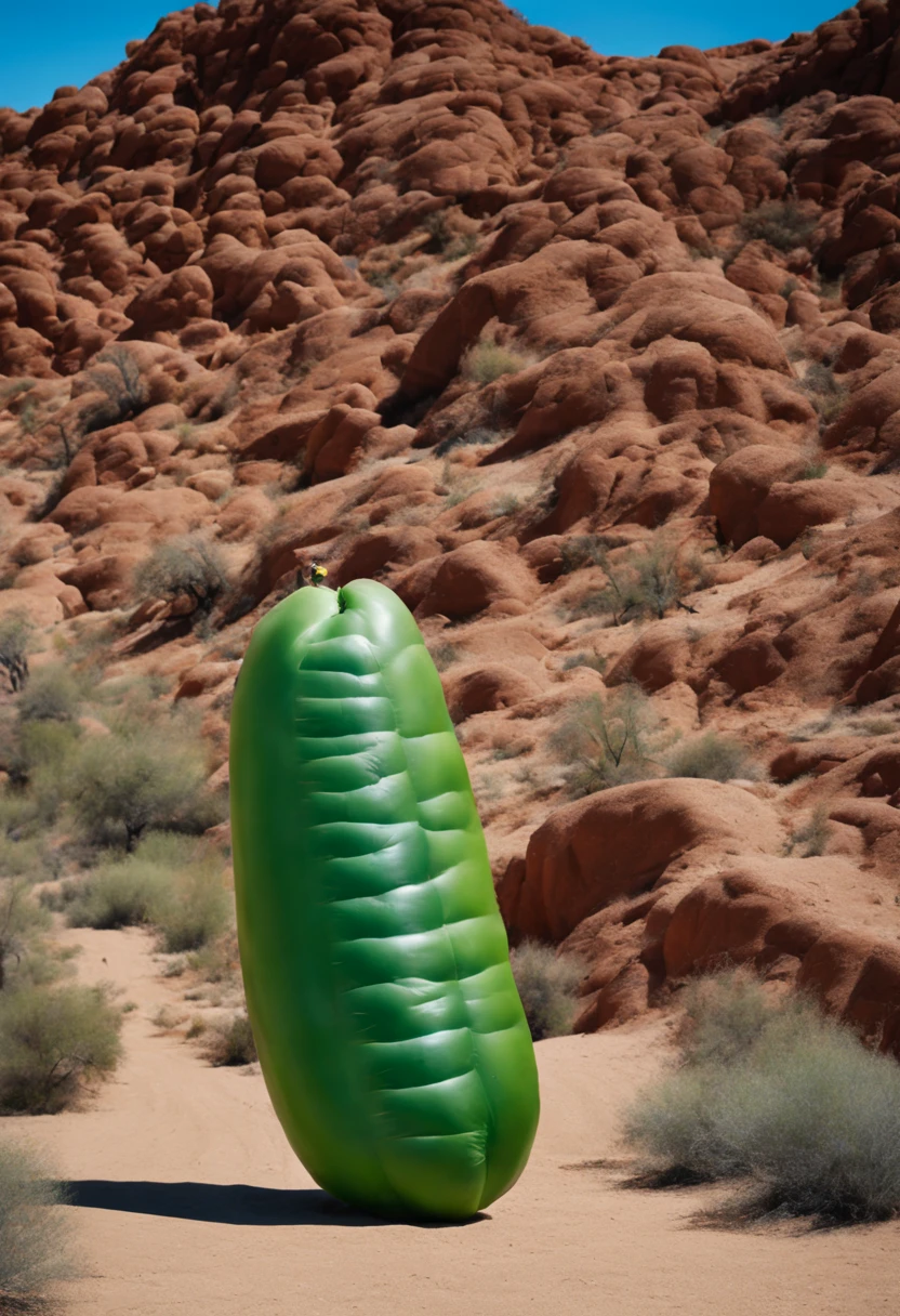 (Portrait shot, ultra-detailed, best quality, photorealistic:1.37, 4k, realistic, photography, Matteo Salvini as an inflated cucumber in Arizona desert, blue sky with clouds, vibrant colours, 35mm)