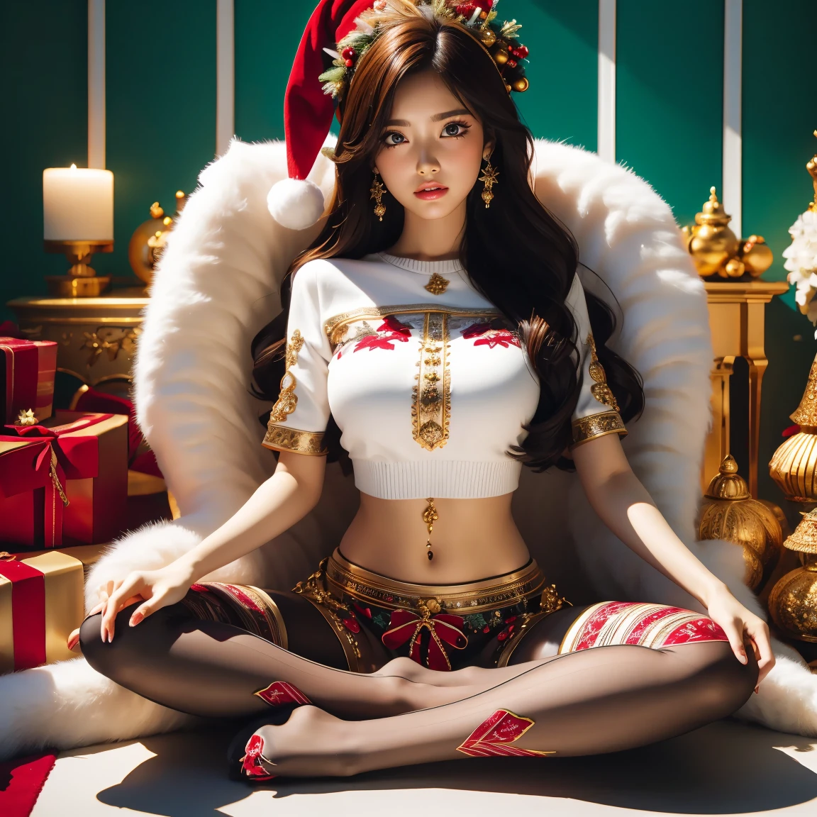 Christmasbeauty,adorned in majestic attire,ornate backdrop,1 girl,Full body photo,Spread your legs apart,Sit on a huge gift box,Detailed face and eyes,laughingly, Fantasy gorgeous background,skin textures,hyper HD,actual,3D,((Best quality at best)), ((tmasterpiece)), Anatomical correct,