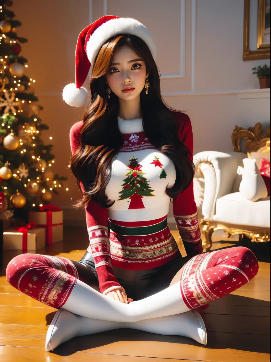 Christmasbeauty,adorned in majestic attire,ornate backdrop,1 girl,Full body photo,Spread your legs apart,Sit on a huge gift box,Detailed face and eyes,laughingly, Fantasy gorgeous background,skin textures,hyper HD,actual,3D,((Best quality at best)), ((tmasterpiece)), Anatomical correct