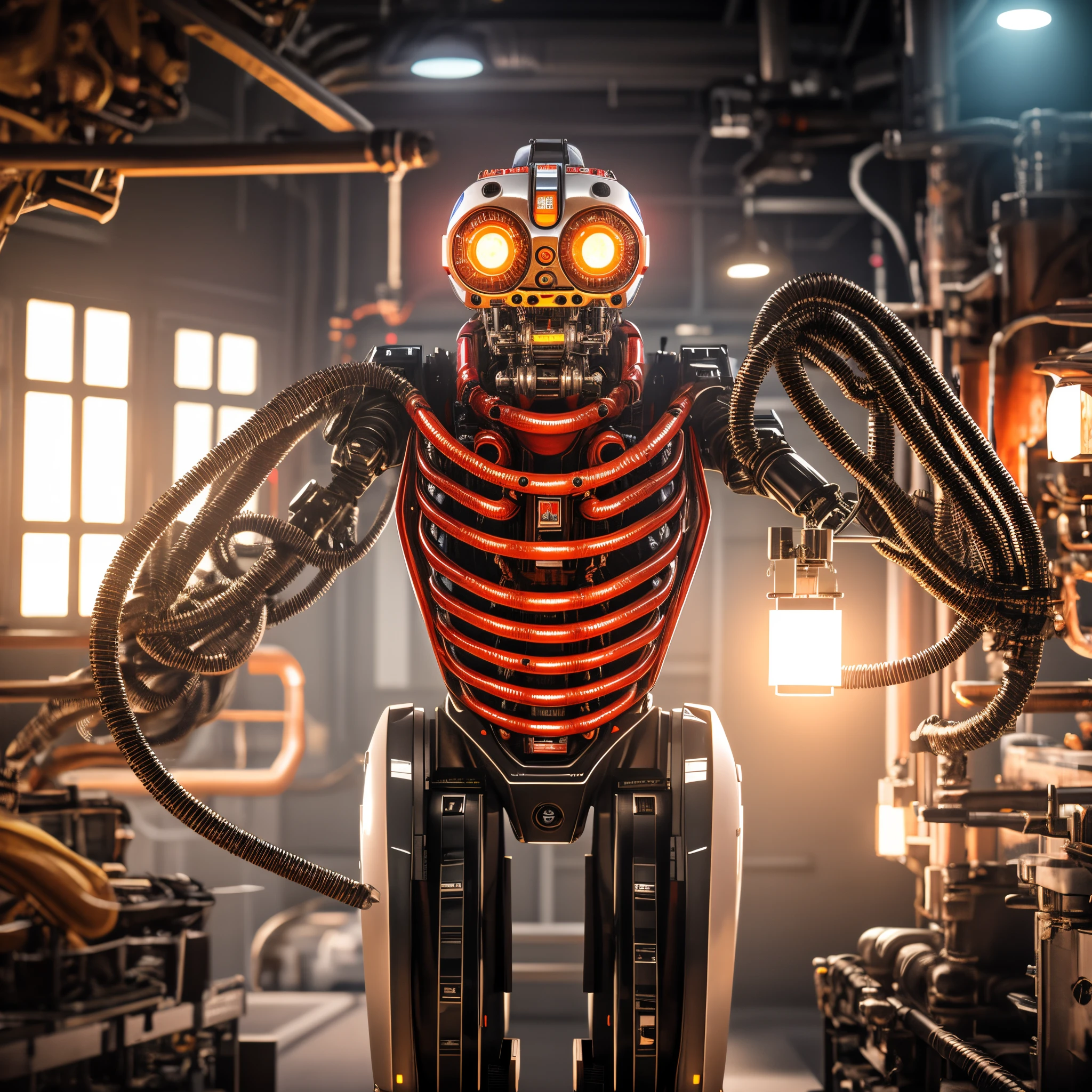 16k, ultra detailed image, foto realista, humanoid robot, robot with many eyes, the robot is coming at us, huge walking robot, Creepy robots, industrial robots, creepy industrial robots, factory mechanisms, bloods, meat, Horror, creepy robots, Blade, saws, Wire, pneumatics, pipes, dinamic lighting, flickering light