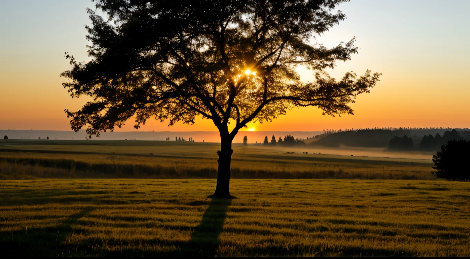 Growth of a tree at sunrise landscape.