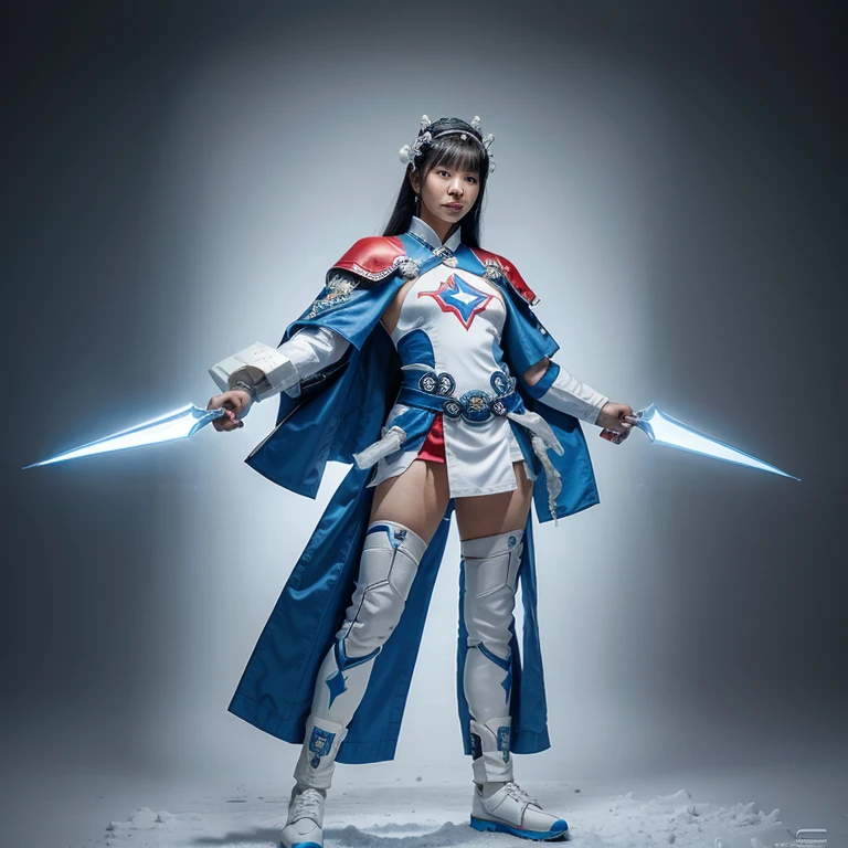 Draw a Korean superhero with a look inspired by the modern culture of South Korea. Ele veste um traje predominantemente azul e branco, incorporating traditional Korean elements in a futuristic way. The superhero has snow-related powers, manifestando gelo e nevascas como sua habilidade especial. Your posture is heroic and confident, with a look that combines advanced technology with Korean cultural symbols