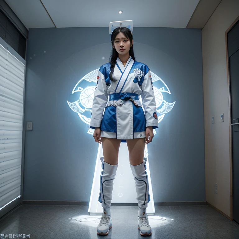 Draw a Korean superhero with a look inspired by the modern culture of South Korea. Ele veste um traje predominantemente azul e branco, incorporating traditional Korean elements in a futuristic way. The superhero has snow-related powers, manifestando gelo e nevascas como sua habilidade especial. Your posture is heroic and confident, with a look that combines advanced technology with Korean cultural symbols