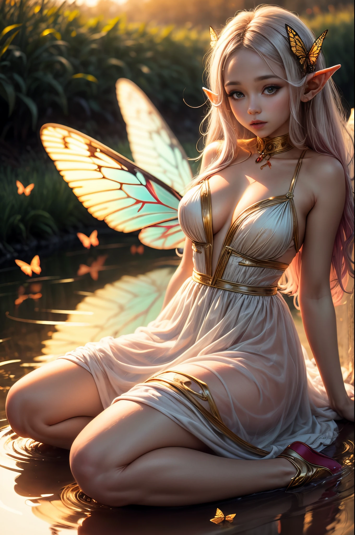 "((Innocent)) Elf girl, golden hour, dreamy meadow, ethereal, whimsical, flowing dress, soft sunlight, enchanting, butterfly wings, (pastel clouds), liquid reflections,frieren