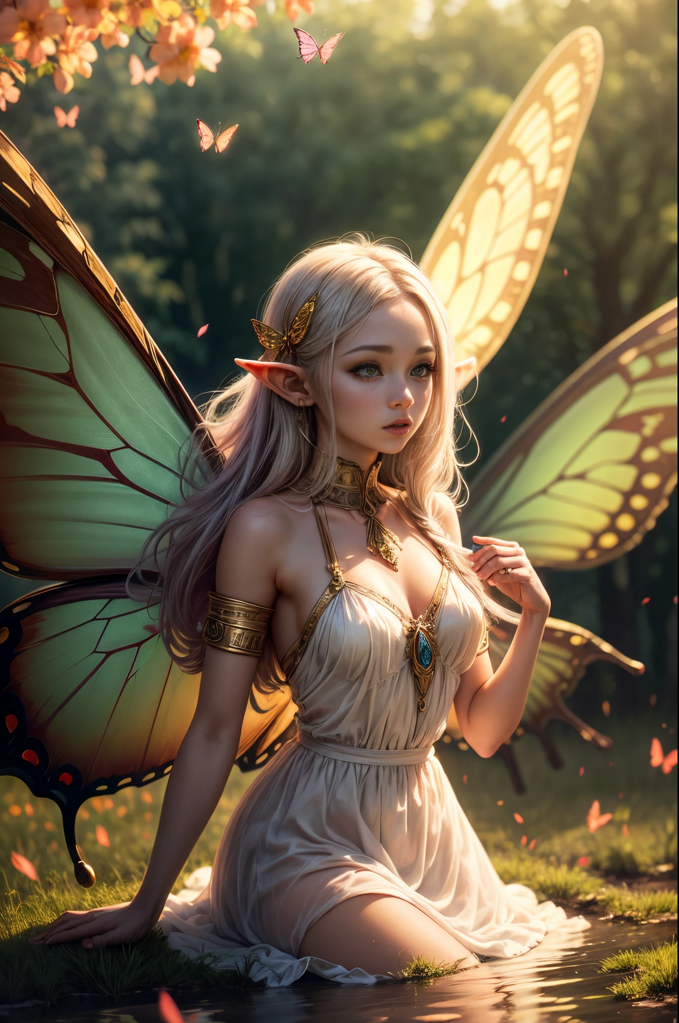 "((Innocent)) Elf girl, golden hour, dreamy meadow, ethereal, whimsical, flowing dress, soft sunlight, enchanting, butterfly wings, (pastel clouds), liquid reflections,frieren